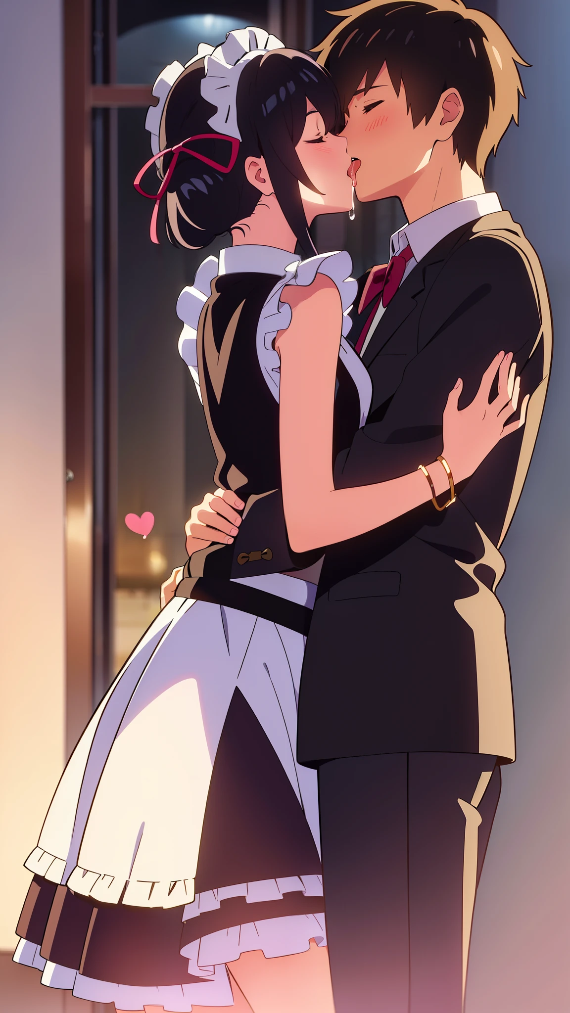 shinkai makoto, kimi no na wa., 1girl, 1boy, bangs, black hair, blush, (boy wear Suspender Clothes), ((girl wear maid dress, short dress), maid, apron, maid headdress), bow, ribbon, short hair, cute, love, couple, adorable, Off-the-shoulders, dating, (((kiss, deep kiss, tongue, saliva))), closed eyes, bracelet, passionate hug, In a romantic atmosphere, Feel the romantic theme of Valentine's Day