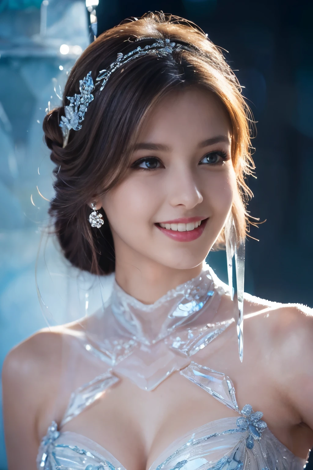 ((table top:1.4, highest quality)), (realistic pictures:1.4), 
((1 girl)), 
(超High resolution:1.2), very delicate and beautiful, wonderful, 
Highly detailed CG Unity 8K wallpaper, Super detailed, High resolution, soft light, 
beautiful detailed girl, highly detailed eyes and face, beautifully detailed nose, beautiful and detailed eyes, 
(wearing a dressed up costume:1.4),
cinematic lighting, perfect anatomy, slender body, thin chest,
(ice castle guest room:1.3), (ice furniture:1.3), (transparency of ice, The aesthetics of light refracting through ice:1.3),
cowboy shot, looking at the viewer, smile
