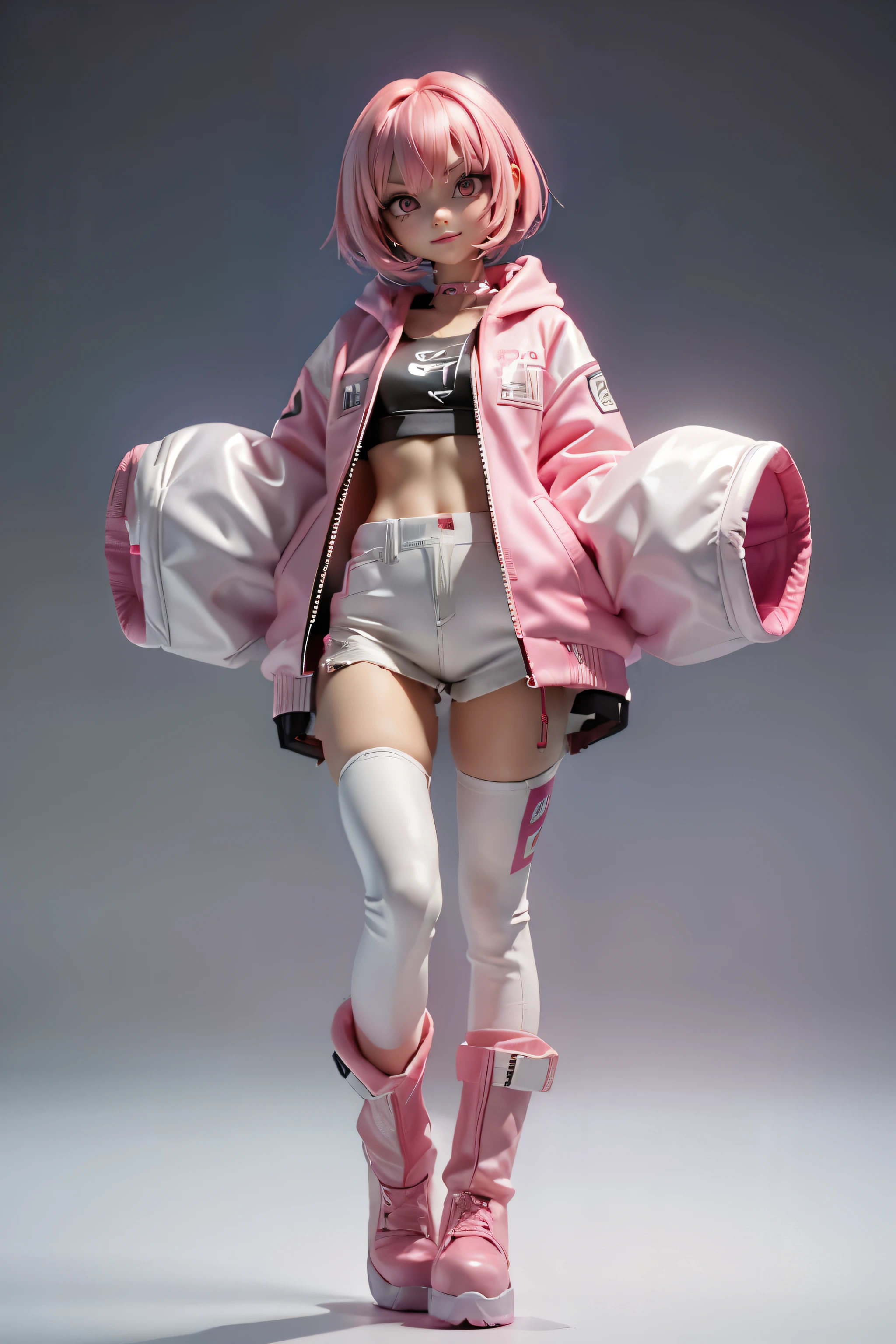 (1 beautiful girl), 18-year-old, pink bob cut hair, smile, white and bright pink vinyl jacket, plus size jacket, hoodie,  Ninja Artist、beautiful hands, (futuristic cyberpunk clothes)、black and pink vinyl pants、(bright pink vinyl boots)、Are standing, front view only、whole body, concept art, ((Simple white background))
