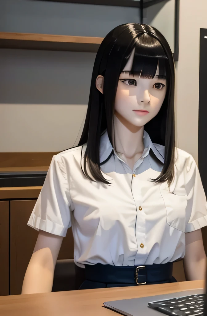 Full body mannequin deep kisses computer,that mannequin is beautiful,That mannequin is Erika Ikuta.,That mannequin is .,The height of the mannequin is 165cm,mannequin color'my face is white.,mannequin color'The body is pure white.,The mannequin has black hair(bangs),mannequin color'eyes are black.mannequin is wearing a girl'high school uniform.,A mannequin is stroking a computer.