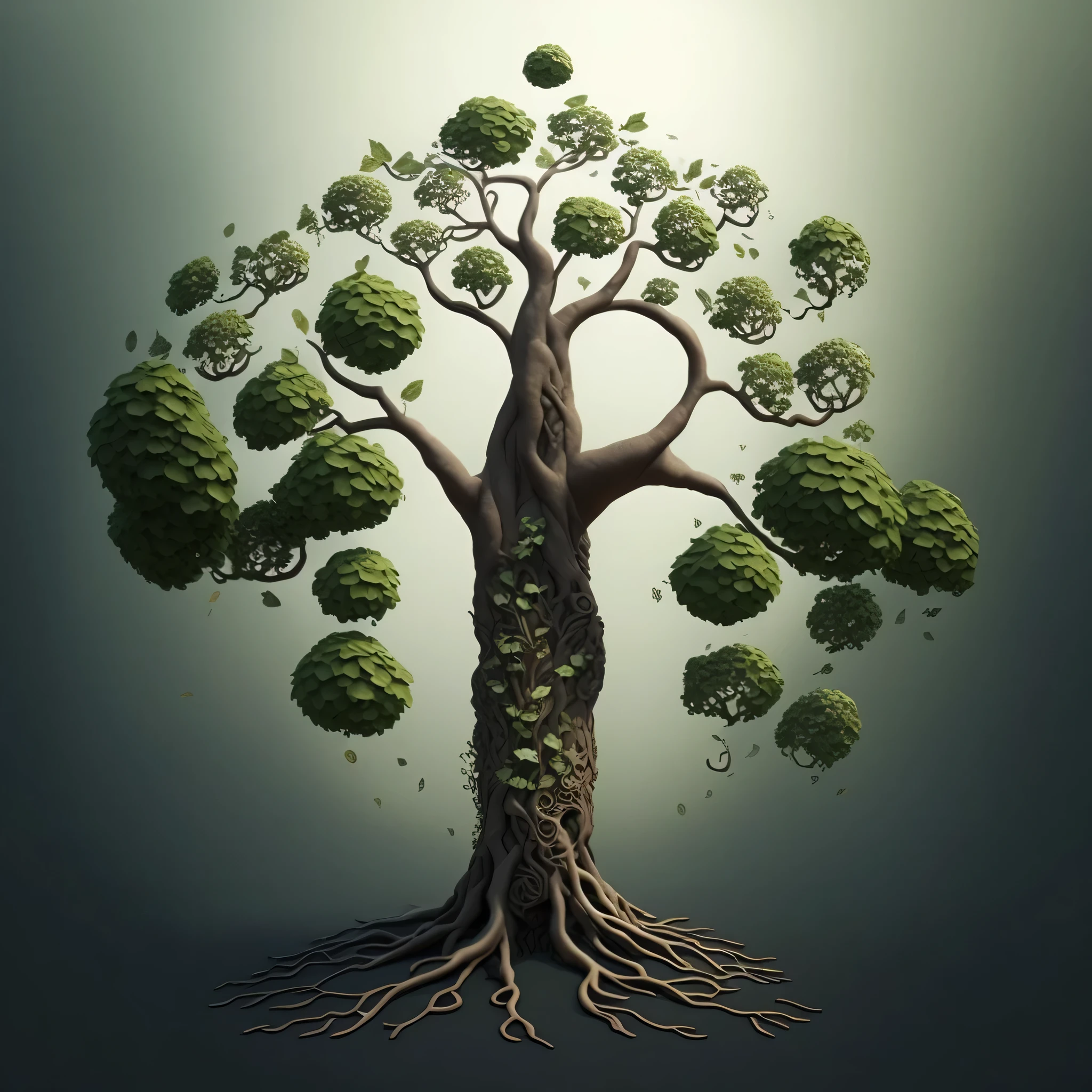 There is a tree from which many leaves grow., fantasy tree, Tree of Life, Living Tree, the Tree of Life, Tree of Life seed of doubt, Linaje arraigado, collective civilization tree, representado como un render 3d, inspirado en Igor Morski, arbol magico, world tree, rico arbol, tree and plants, A beautiful tree, arbol magico