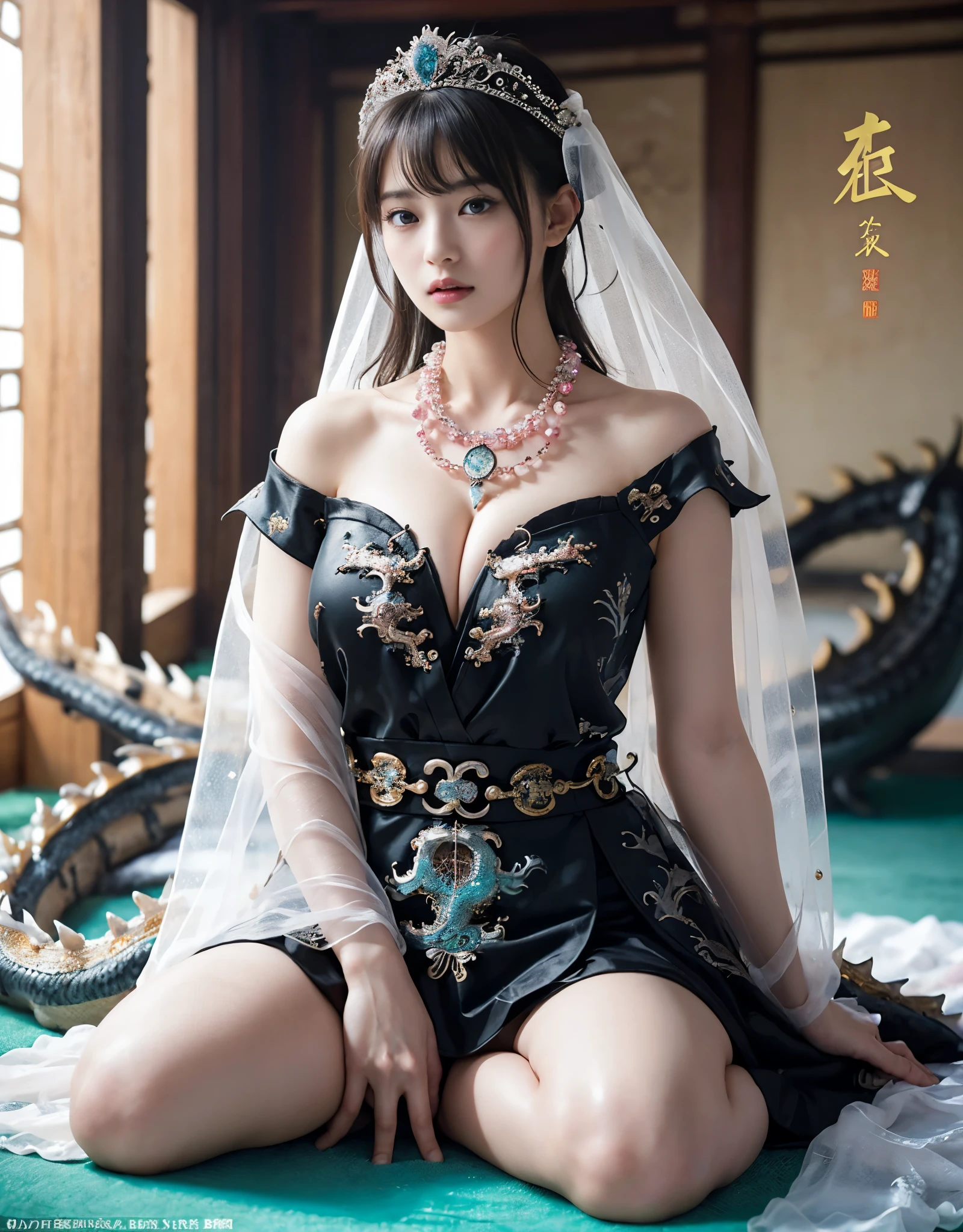 (extremely heavy breasts)、highest quality、masterpiece、ultra high resolution、（ice dragon armor）、(((Metal製))),(((big breasts)))、(((Detailed revealing pink micro bikini))),(she wears a beautiful crown made of precious stones.),(Photoreal:1.4)、RAW photo、1 girl、(((random hair))、(((color々take a pose)))、glowing skin、(((black chinese dragon)))、intricate and gorgeous hair ornaments、（Looks like a gorgeous jewelry necklace）、（someone who looks at you calmly, Eyes like a goddess.）happiness:1.2).((beautiful sea background))、cliff、(ruins background)、((Super realistic details))、portrait、global illumination、（sexy pose）、Shadow、octane rendering、16K、big breasts、Raw skin exposed in the cleavage、Metal、intricate decorative details、Japan details、very intricate details、realistic light、CG Society Trenlow Eyes、Eyes shining towards the camera、（veil）、(((heavy big))),Shining eyes shine、armpit、24K,