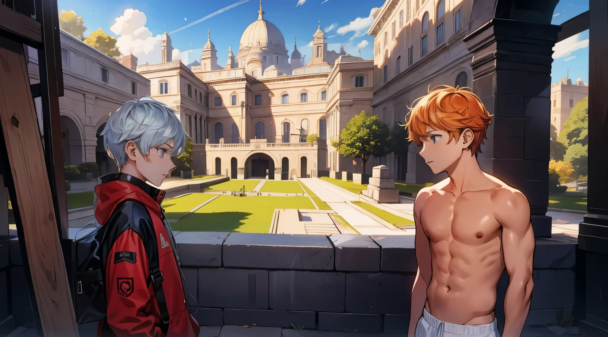 anime characters standing in front of a building with a large building en el fondo, fondo del palacio, dos hombres guapos anime, nixeu y sakimichan, Today&#39;s featured anime still., sakimichan y frank franzzeta, Arte oficial, en el fondo, fondo de secundaria, city en el fondo, of frontline girls, ruins en el fondo