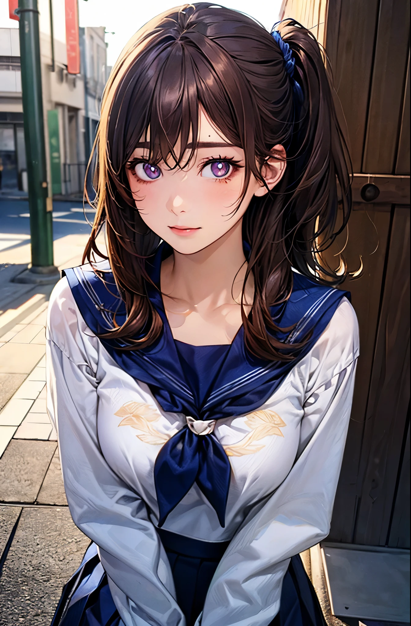 (masterpiece:1.2, top-quality), (realistic, photorealistic:1.4), beautiful illustration, (natural side lighting, movie lighting), nsfw, 
looking at viewer, face focus, upper body, 1 girl, japanese, high school girl, perfect face, cute and symmetrical face, shiny skin, 
(middle hair:1.5, (two side up:1.2), brown hair), hair between eyes, purple eyes, drooping eyes, long eye lasher, (medium breasts), slender, 
beautiful hair, beautiful face, beautiful detailed eyes, beautiful clavicle, beautiful body, beautiful chest, beautiful thigh, beautiful legs, beautiful fingers, 
((detailed cloth texture, long sleeves cute sailor suit, navy blue pleated skirt, navy blue sailor collar, red sailor scarf)), 
(beautiful scenery), winter, evening, (outdoors), , (heart shaped pupils, in heat, aroused), 