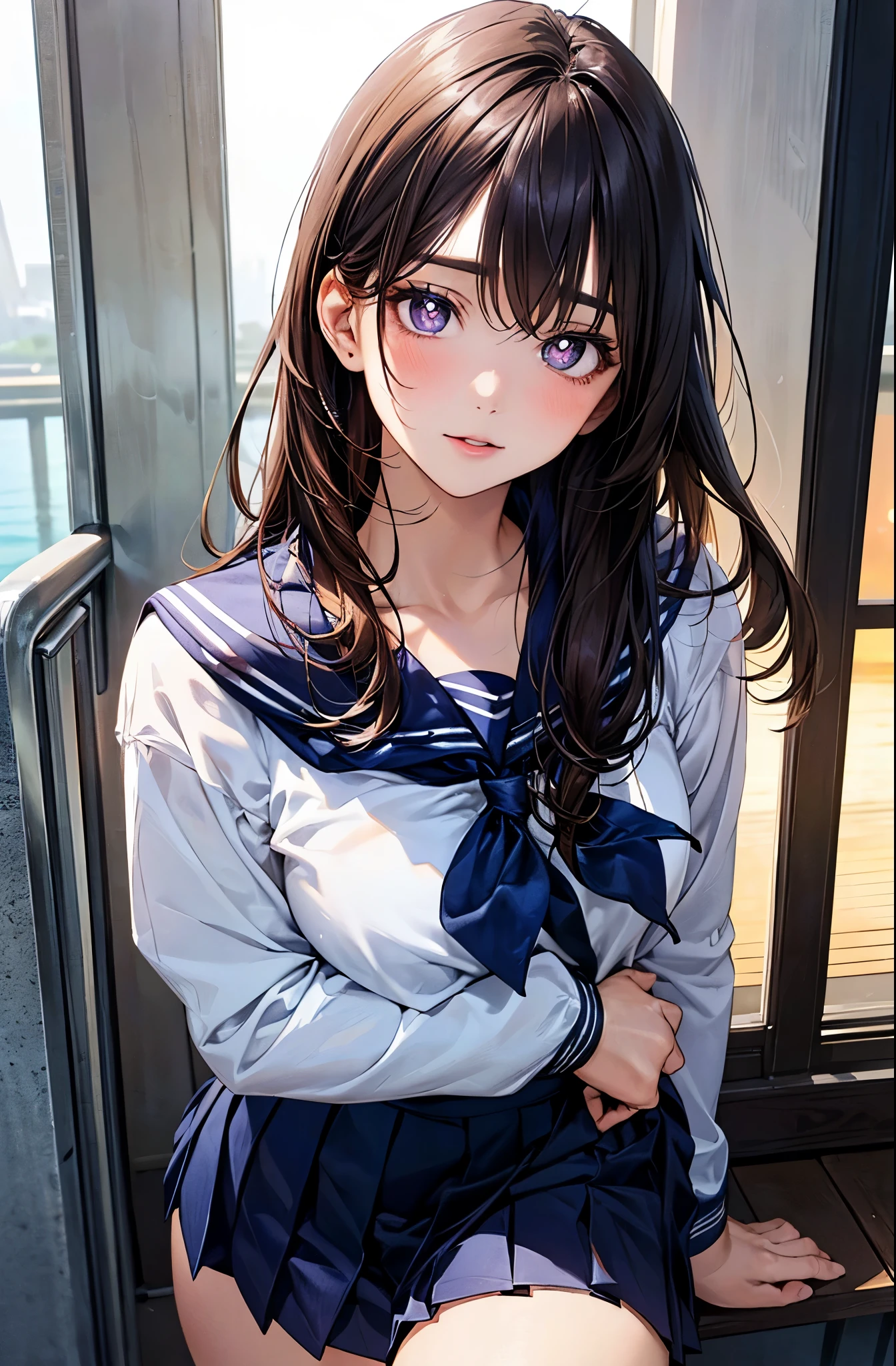 (masterpiece:1.2, top-quality), (realistic, photorealistic:1.4), beautiful illustration, (natural side lighting, movie lighting), nsfw,
looking at viewer, face focus, upper body, 1 girl, japanese, high school girl, perfect face, cute and symmetrical face, shiny skin,
(middle hair:1.5, (two side up:1.2), brown hair), hair between eyes, purple eyes, drooping eyes, long eye lasher, (medium breasts), slender,
beautiful hair, beautiful face, beautiful detailed eyes, beautiful clavicle, beautiful body, beautiful chest, beautiful thigh, beautiful legs, beautiful fingers,
((detailed cloth texture, long sleeves cute sailor suit, navy blue pleated skirt, navy blue sailor collar, red sailor scarf)),
(beautiful scenery), winter, evening, (outdoors), , (heart shaped pupils, in heat, aroused),