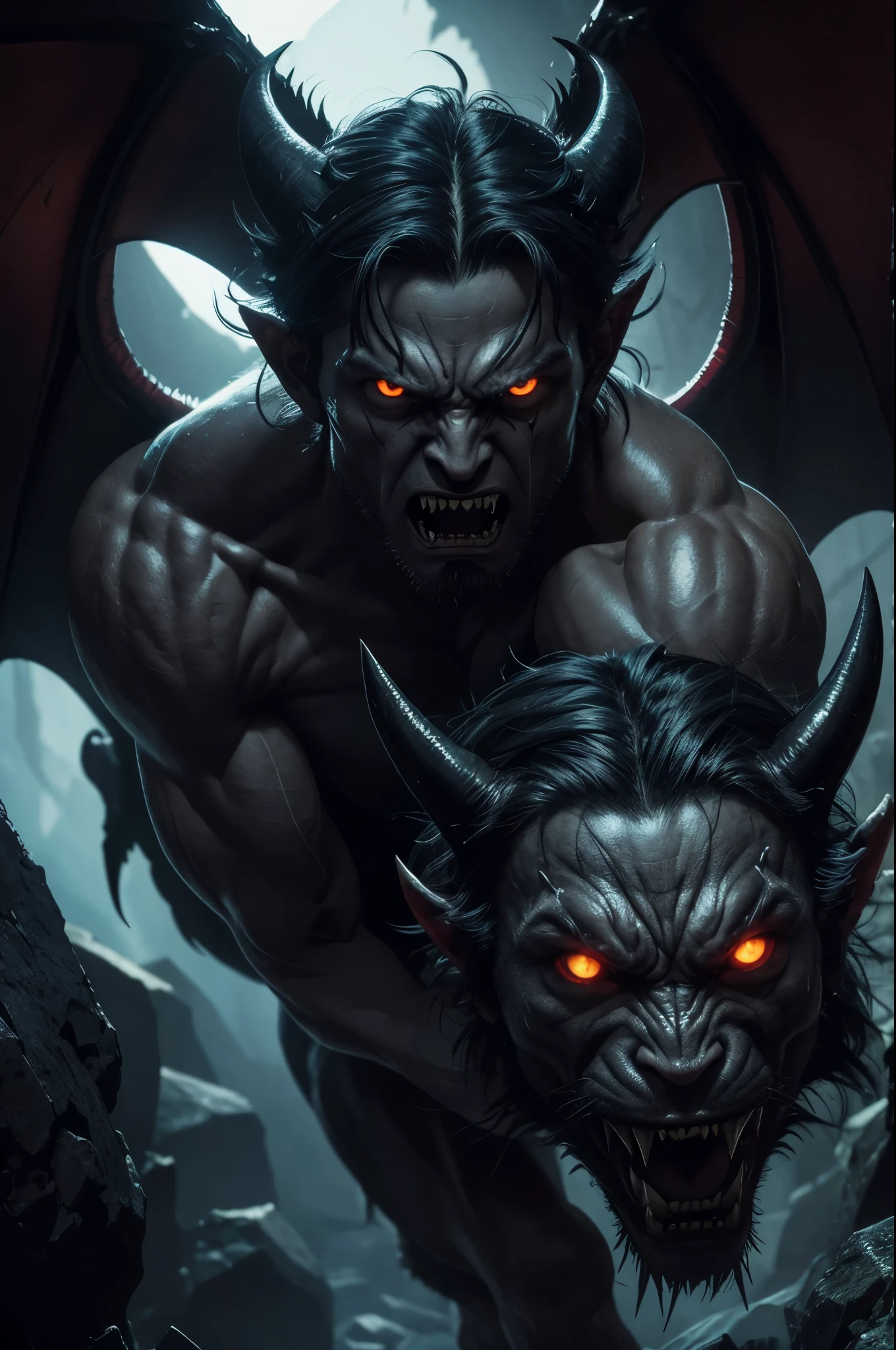 8K,A demon in the fires of hell,bat wings,Evil Gaze,black binoculars,ugly and distorted expression,muscular macho body,The lower body is covered with black hair,2 devil horns,big long fangs,sharp teeth,sharp nails,barefoot,rugged rock surface,masterpiece,Photorealistic RAW photos of the highest quality。insidious color,Backlight, cinematic lighting, film grain, 50mm lens, Nikon D850,beautiful expression,fantasy art,character art,Glaring at the viewer,horror film,Cat-like eyes(Eyes),blue-black skin(super realistic skin),fighting pose,sharp nailsで攻撃する,