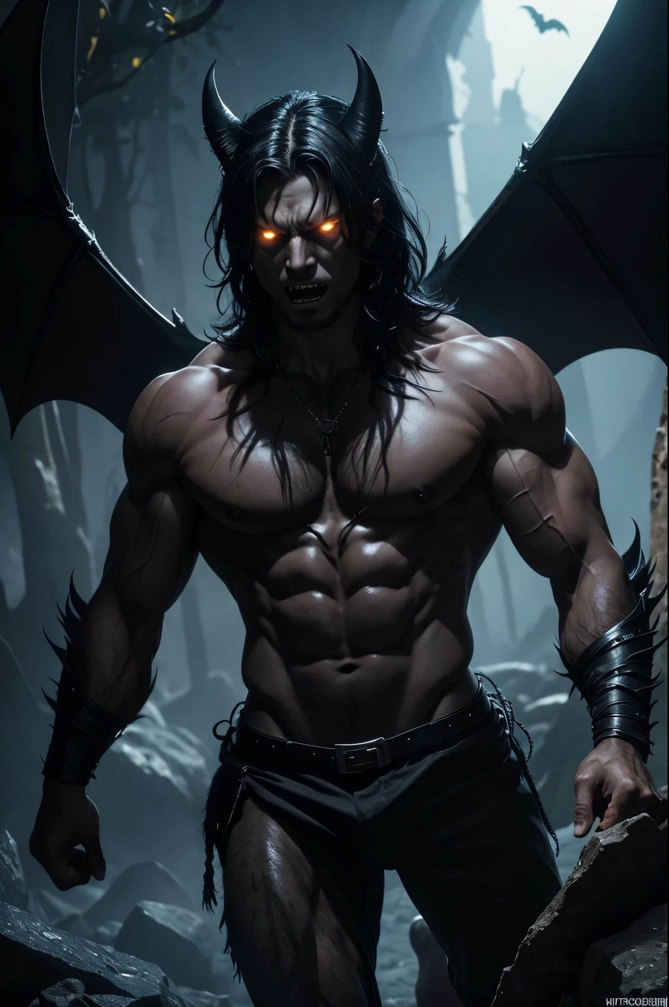 8K,A demon in the fires of hell,bat wings,Evil Gaze,black binoculars,ugly and distorted expression,muscular macho body,The lower body is covered with black hair,2 devil horns,big long fangs,sharp teeth,sharp nails,barefoot,rugged rock surface,masterpiece,Photorealistic RAW photos of the highest quality。insidious color,Backlight, cinematic lighting, film grain, 50mm lens, Nikon D850,beautiful expression,fantasy art,character art,Glaring at the viewer,horror film,Cat-like eyes(Eyes),blue-black skin(super realistic skin),fighting pose,sharp nailsで攻撃する,