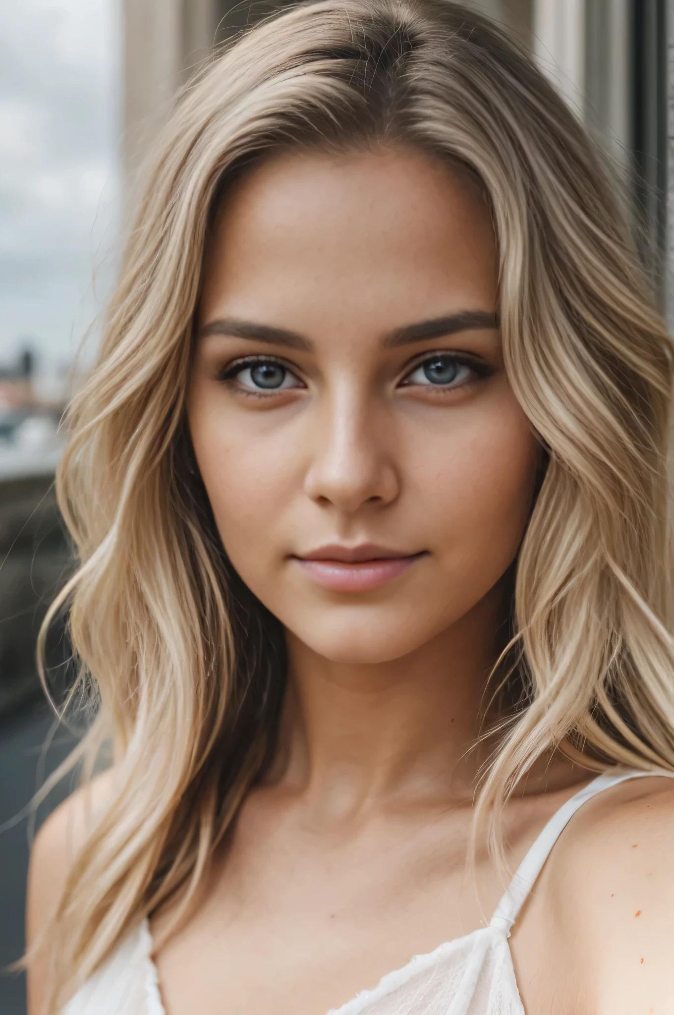 Jolie belle blonde française faisant un selfie, Regardez vers l’avant, contexte détaillé, cheveux naturellement ondulés, doux yeux gris, peau détaillée, imperfections du grain de peau douce, yeux doux fatigués, réaliste, vrai vie, ultraréaliste, photographie iphone, Fille Instagram