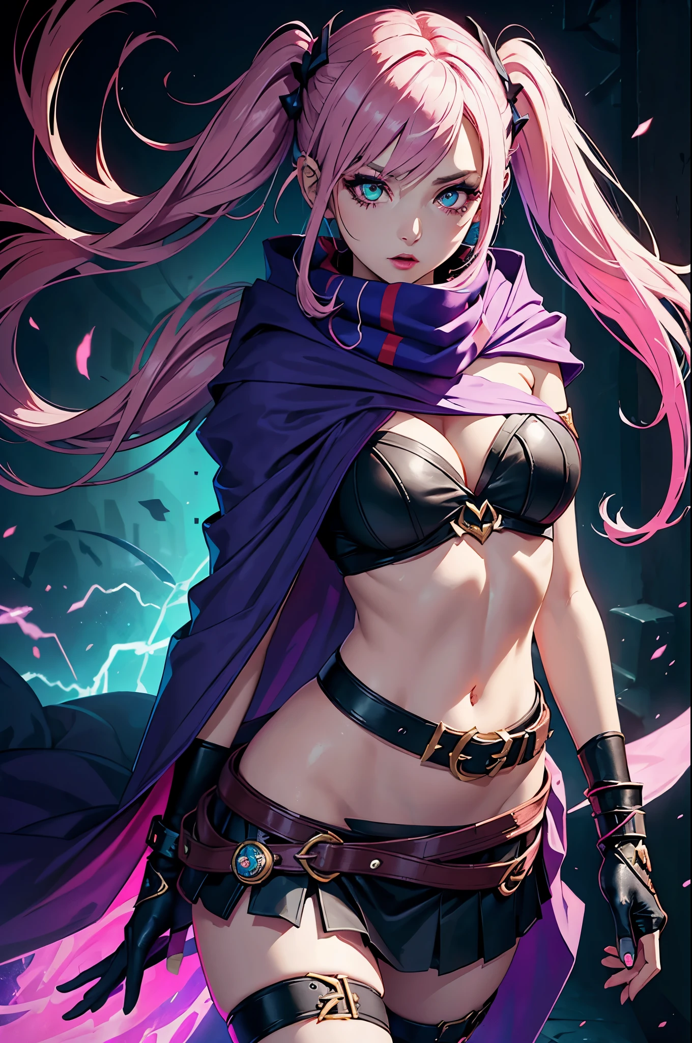 league of legend female character, hyper league of legend art style, void magic student, ((cloak, mini skirt, badge, hand glove, belt, armlet, scarf)), ((colorful twintails, colorful pupil, stripe make up, perfect body shape)), (evil aura, vine effect), (masterpieces, fantasy world, hyper resolution, cinematic lighting, ultra sharp), library background, colorful, bare shoulder, pink lips, close up
