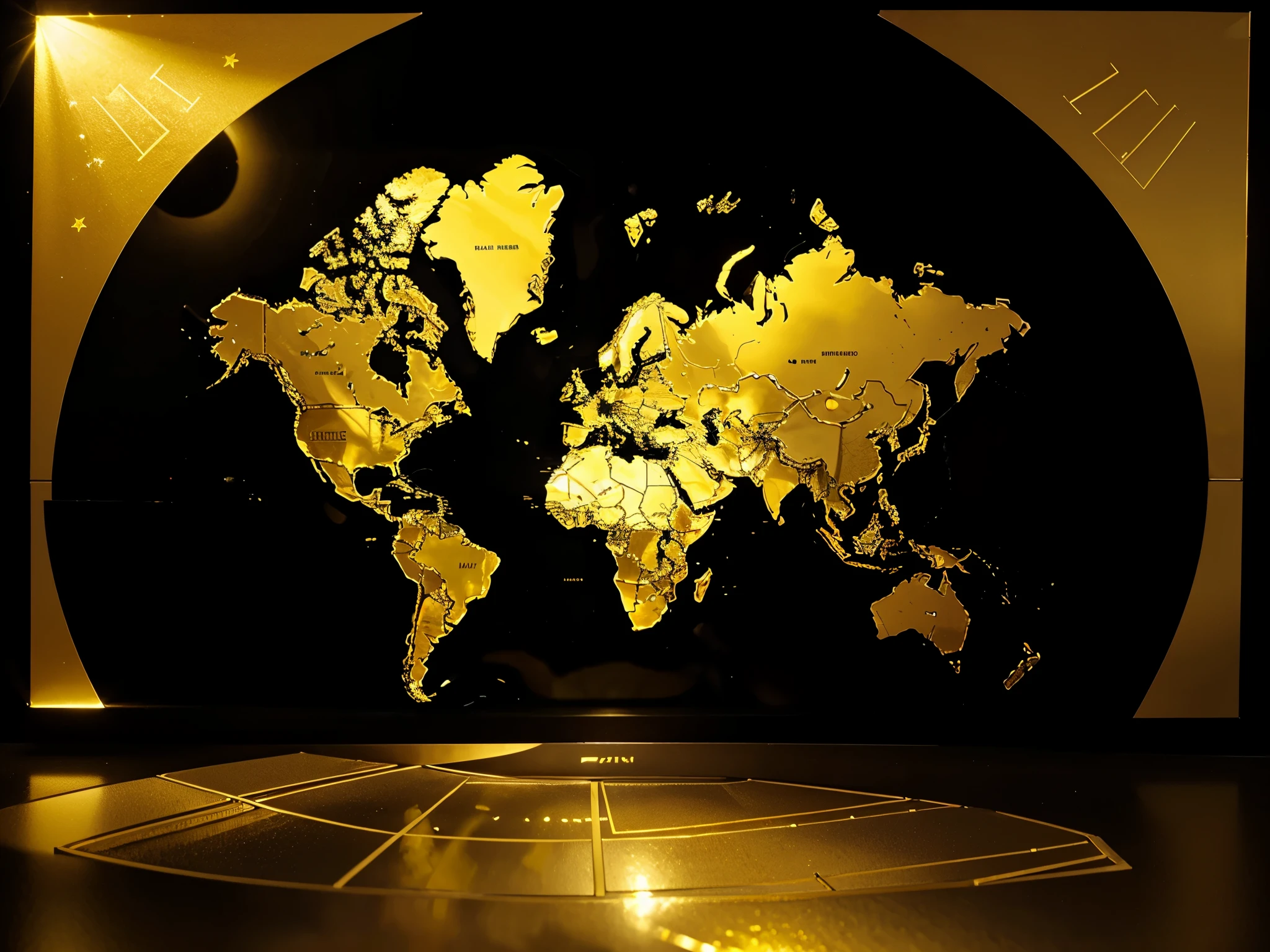 one retangular world map golden, Glass effect, contourns details leds, flags, black background
