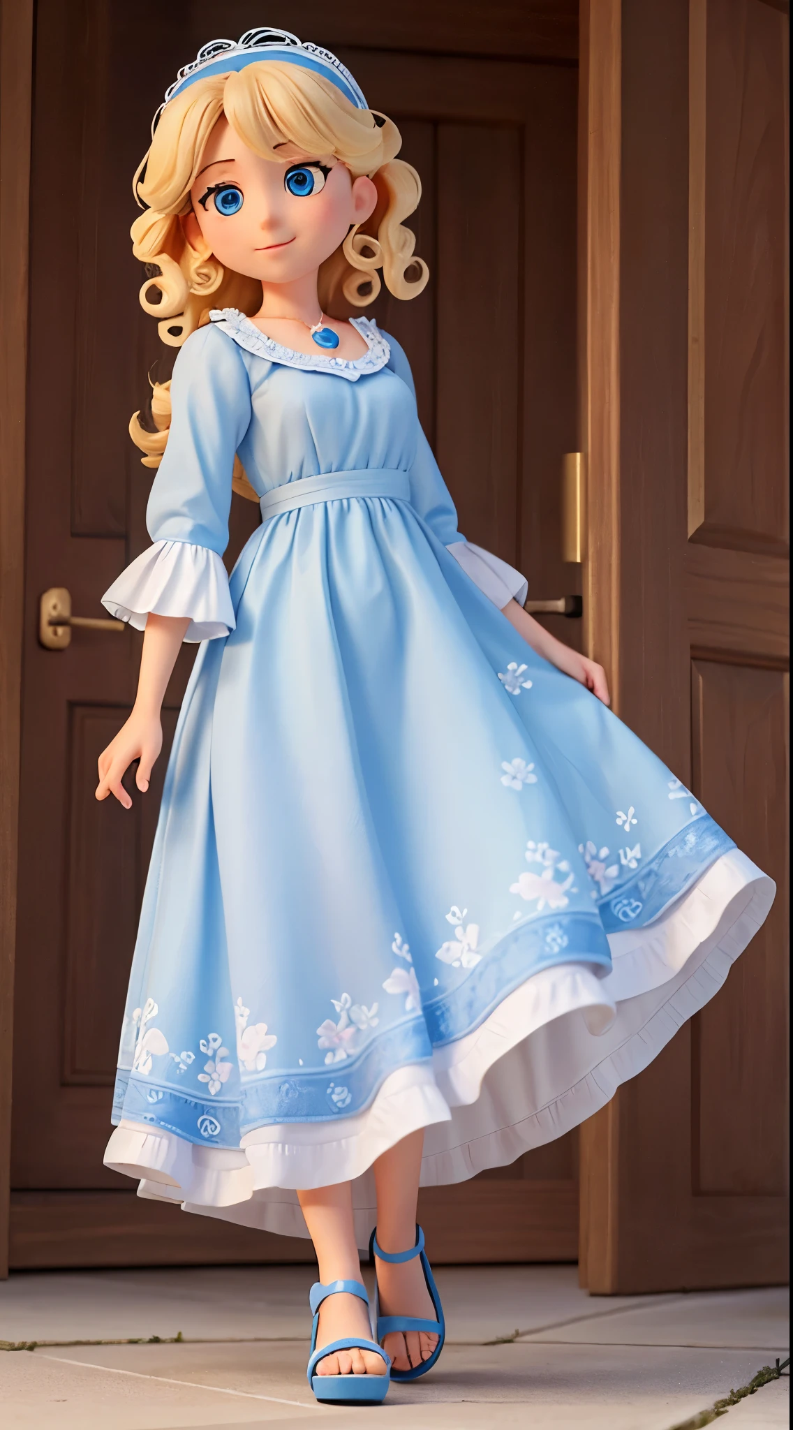 an alone happy and beautiful adult (25 years old) woman called Cinderella: big blue eyes, white skin, medium-length blond curly hair, small hands, small feet, adorable face, 5.6 feet height; she is wearing: a blue Floral Peasant Sleeve Dress; gray sandals; show head, show feet; high-quality photo, cartoon style hand drawing, full body, far from the camera, white background, washing clothes
