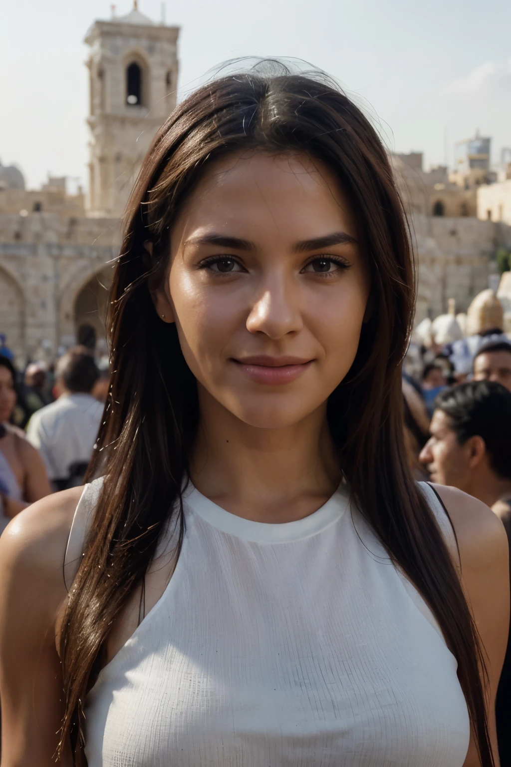 person smiling, captivating and inviting smile, calm scene, light atmosphere,4k resolution, (best image, best quality: 1.5), sharp focus, ultra-realistic cinematic photography, (extremely detailed),(expression realistic), volumetric light standing, 4k resolution, (best image, best quality: 1.5), sharp focus,Jerusalem, a crowd gathered around, (extremely detailed), (realistic expression), (panoramic view) (best quality: 1.5), sharp focus, ultra-realistic, cinematic photography, (extremely detailed), resolution 4k, (realistic expression), panoramic view, distant view, streets of Jerusalem, 2000 BC