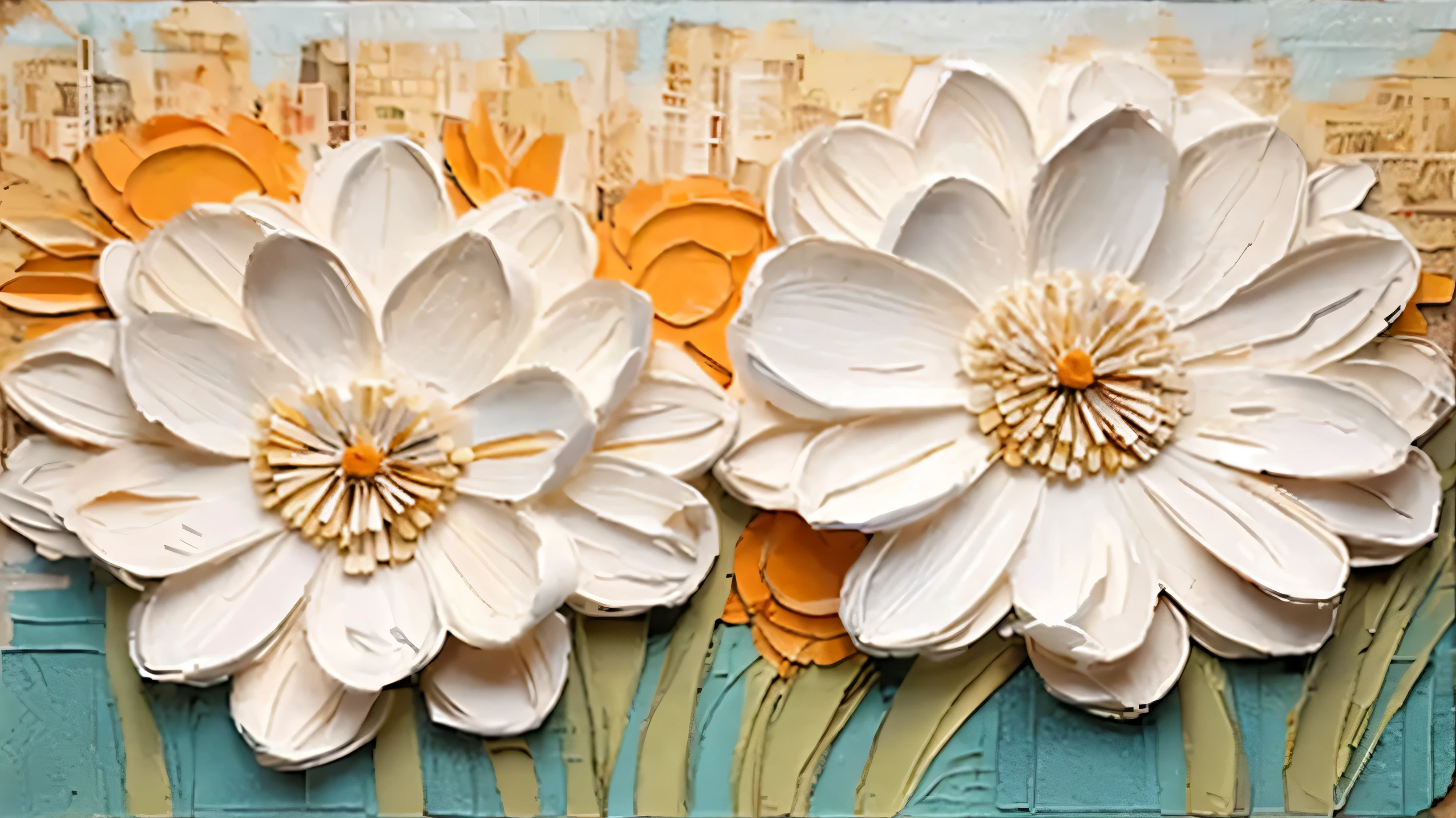 city above，Below is the blue wall background，There are two white flowers on it, Oil painting relief, Detailed Imbusto, Detailed Imbustow brush strokes, Oil painting relief, Layered纸艺术, Layered, Paper quilting, Papier-mâché art, paper chrysanthemums, flowers with intricate details, Paper collage art, impala