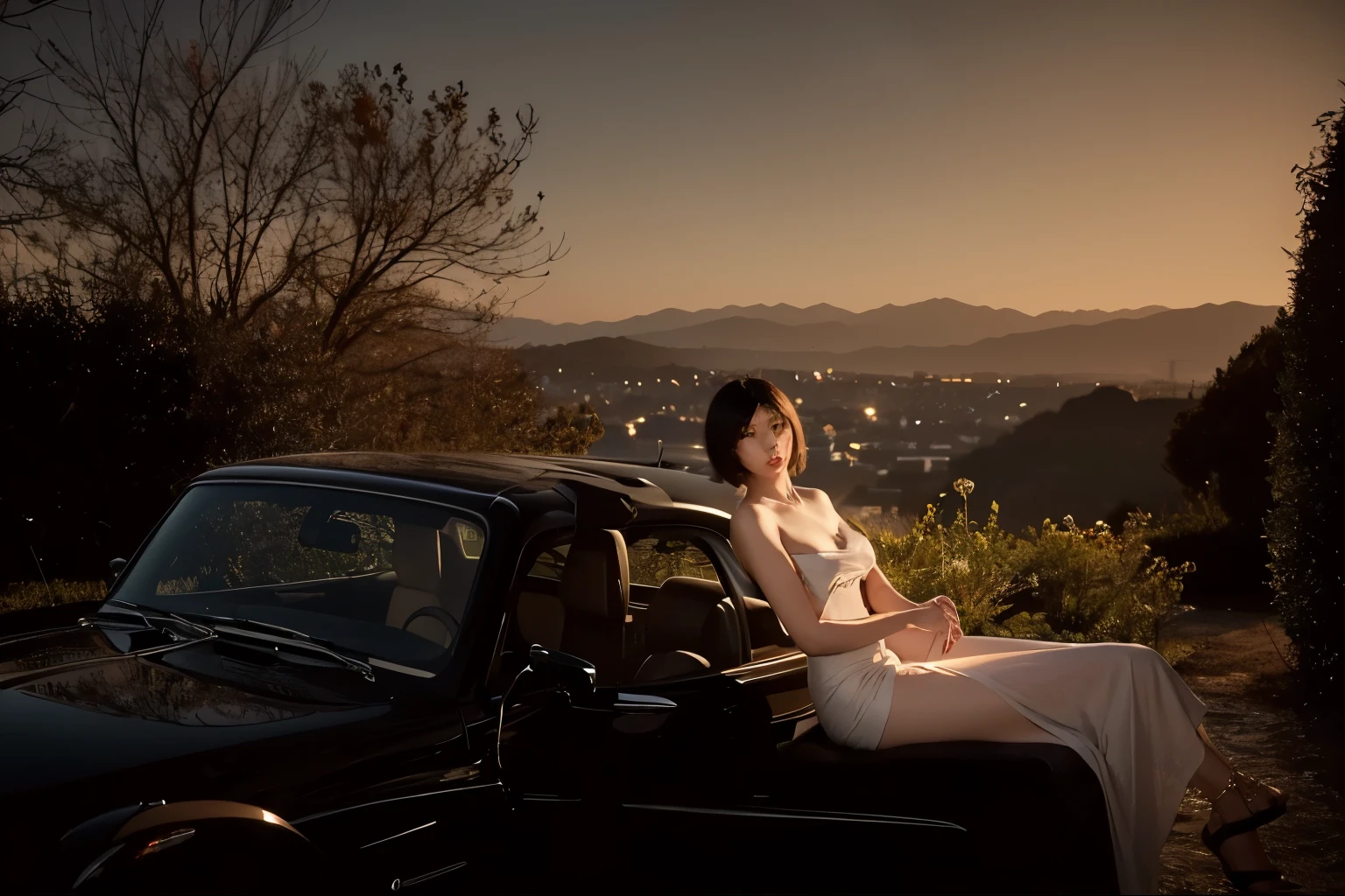 (Best quality, 8k, 32k, Masterpiece, UHD:1.2) "Generate a captivating artwork featuring a young Japanese girl model with short, sleek black hair styled in a chic bob haircut. Envision her bathed in dramatic cinematic lighting, creating an atmosphere of allure and mystery. Emphasize a romantic aesthetic vibe, showcasing the model in a poised and elegant pose that evokes a sense of intimacy and sophistication. Utilize warm and soft tones to enhance the romantic ambiance, and consider incorporating elements like flowing fabrics or flowers to add a touch of ethereal beauty. Capture the essence of romance and beauty through the model's expression, the play of light and shadows, and the overall aesthetic, creating a visually compelling and emotionally resonant piece." (perfect eyes), flawless skin, flawless face, cinematic, tight body, ((well-proportion female hands)), ((female hands with five digits)) ((Body is well proportioned)), ((chic bob haircut))