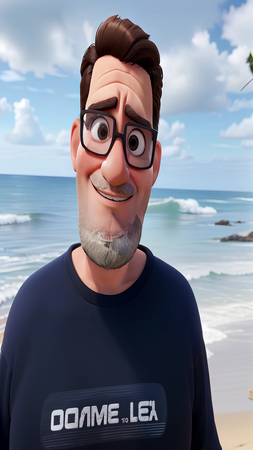 homem 45 anos, rosto quadrado, marca no queixo, usando blusa preta, sunglasses, tendo como plano de fundo uma praia, maximum quality