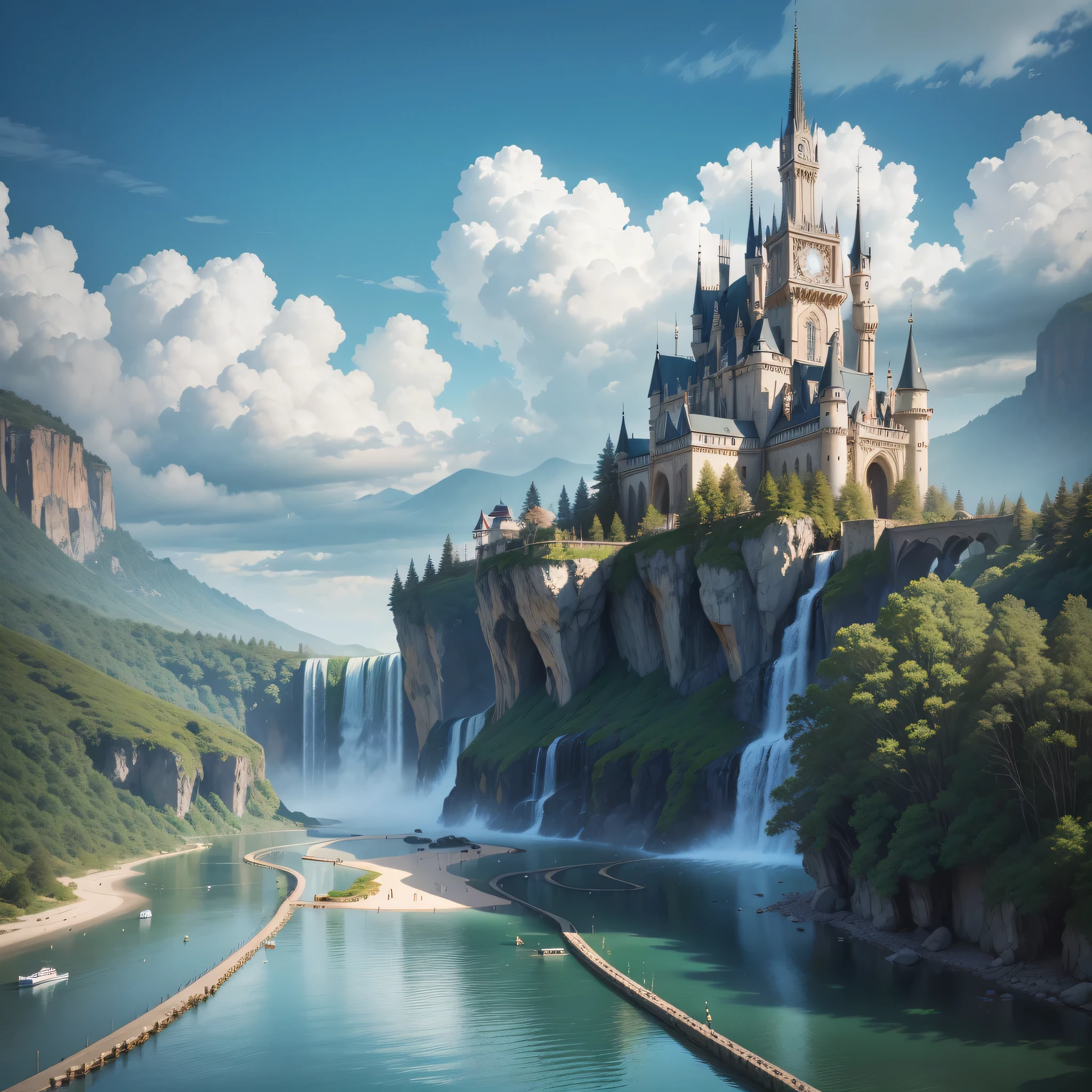 super huge castle huge waterfall cyberpunk fantasy blue sky beautiful world future world top quality Masterpiece ultra high resolution mystery