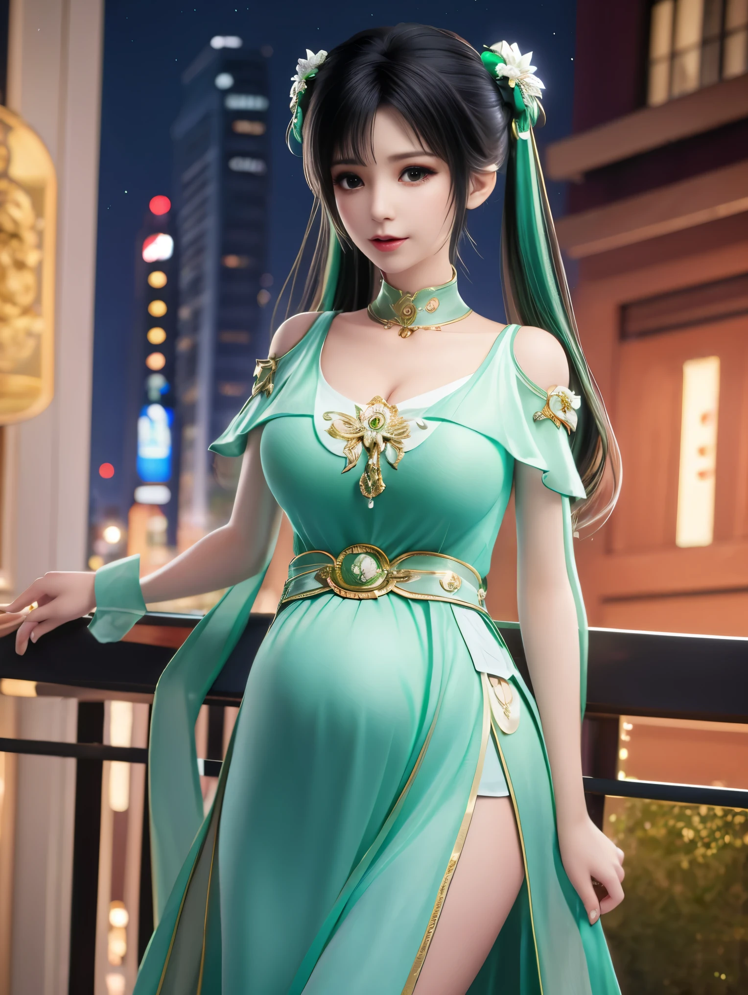 Pregnant mother, 1girl,cityscape,night,looking at viewer,hair ornament,twintails,white green dress,collar,clothing cutout,jewelry,shirt,trim,belt,shoulder cutout,choker,black hair,aged down,cowboy shot,obi,