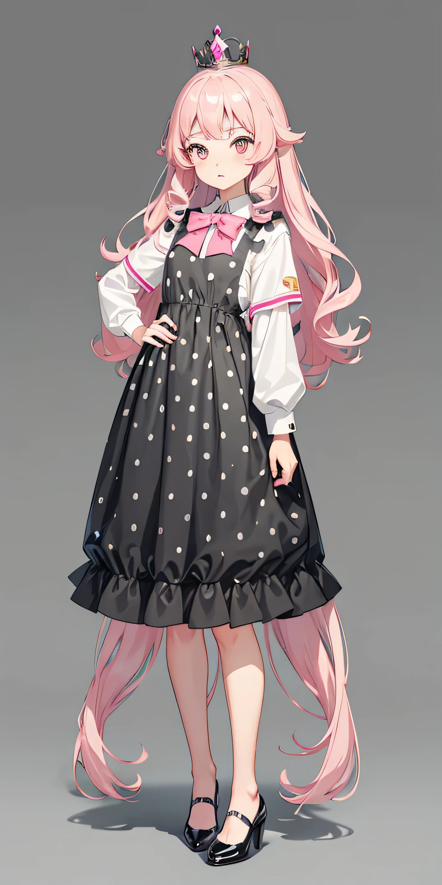 ((((gray background,)))),polka_dot, background, full body, pink school uniform, front view, side view, rear view, red eyes, glowing pupils, princess crown with pink jewels, long curly hair, jewelry, light frown, dress uniformly, (reference table), UHD, ccurate, super detail, award-winning, high detail, best quality, 8k, pink shoes