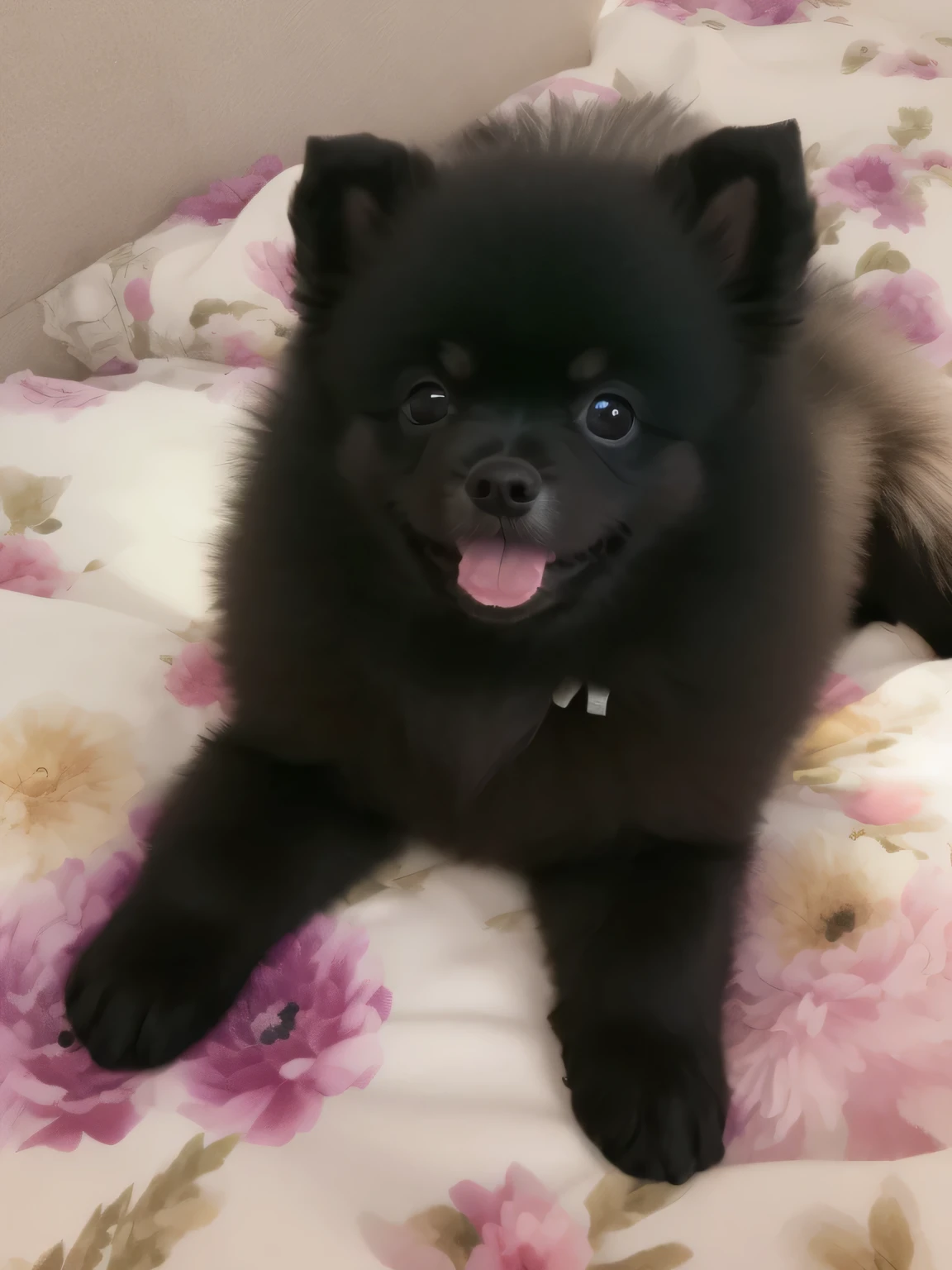 black filhote de cachorro sitting, Pomeranian mix, Pomeranian, very fofinho, fofo, fofinho face, super fofinho, soft and fofinho, ela tem um rosto fofo, fofo!!!, huge adorable eyes, filhote de cachorro, com lindos olhos apaixonados, fofinho!!!, hiper detalhado!!!, super cute and friendly full body