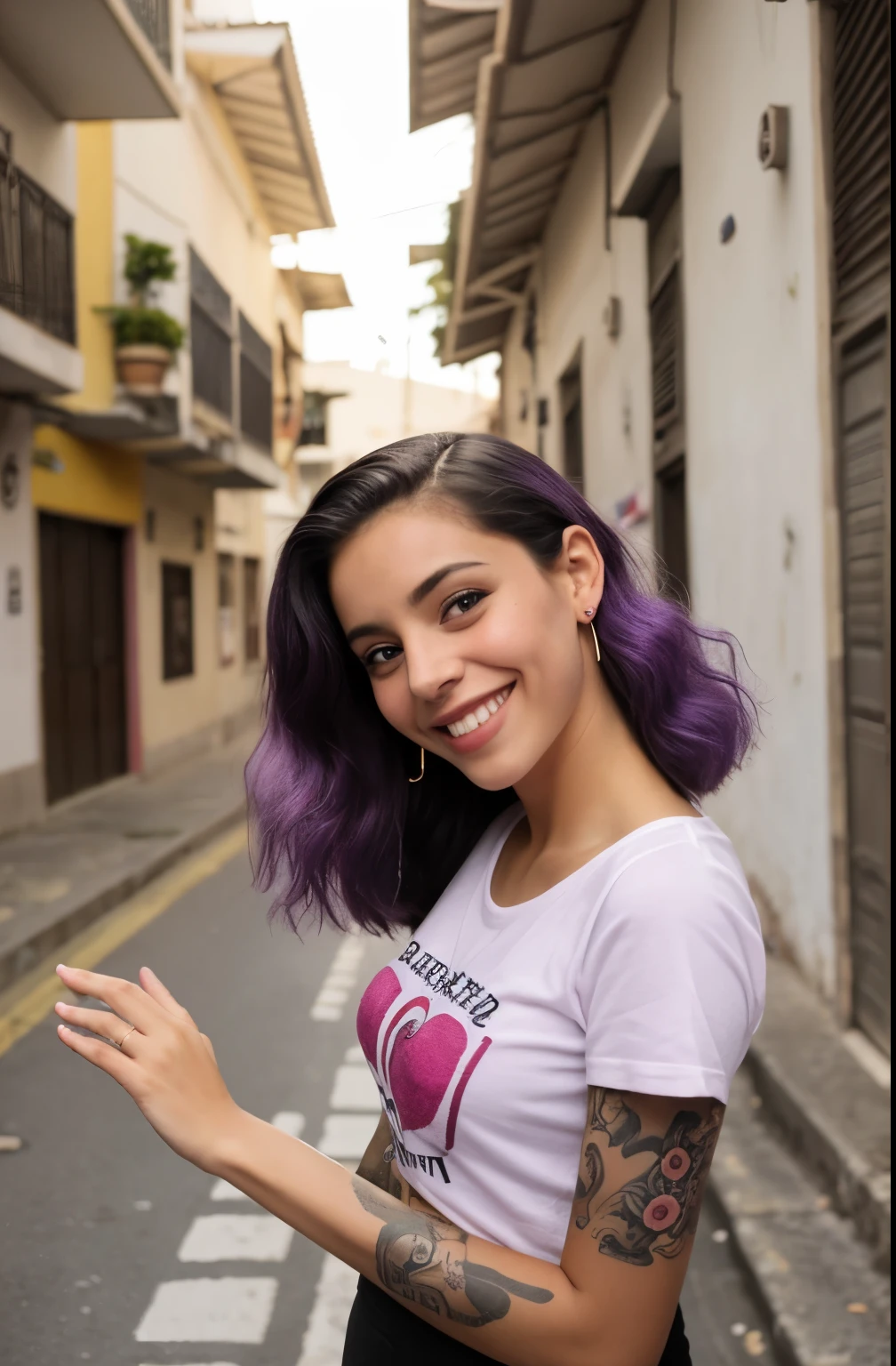 foto de fotografia de rua de uma jovem mulher com cabelo roxo, sorriso, feliz, camiseta fofa, tattoos on arms, sentado em uma lanchonete dos anos 50 
