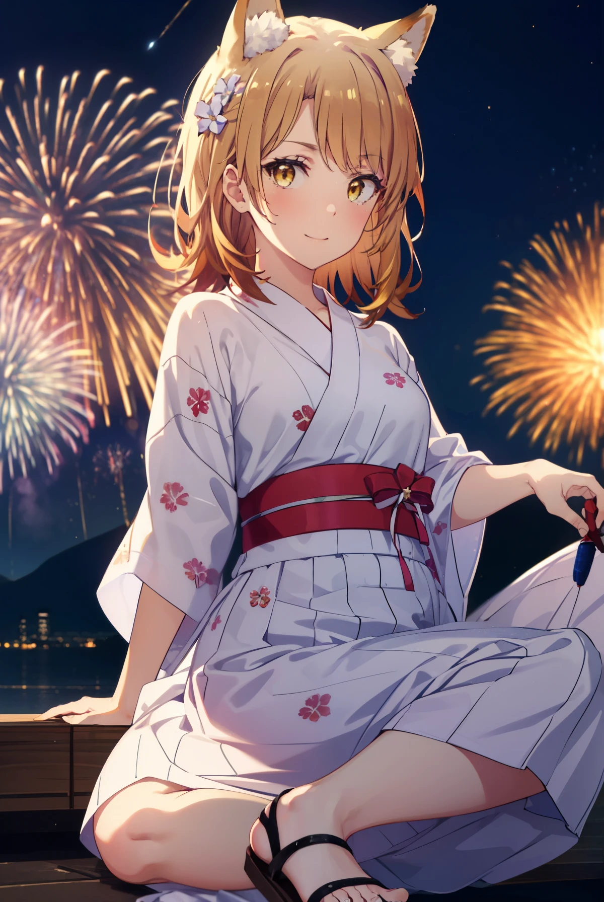 irohaisshiki, Isshiki Iroha, long hair, brown hair, (brown eyes:1.5), smile,animal ears,fox ears,fox tail,flower hair ornament,yellow floral pattern yukata,long skirt,Zori sandals,fireworks in the night sky,fireworks,The place is a fireworks display,Time is night,sunny day,So that the whole body goes into the illustration,
break outdoors, 神社
break looking at viewer,
break (masterpiece:1.2), highest quality, High resolution, unity 8k wallpaper, (figure:0.8), (beautiful and fine eyes:1.6), highly detailed face, perfect lighting, Very detailed CG, (perfect hands, perfect anatomy),