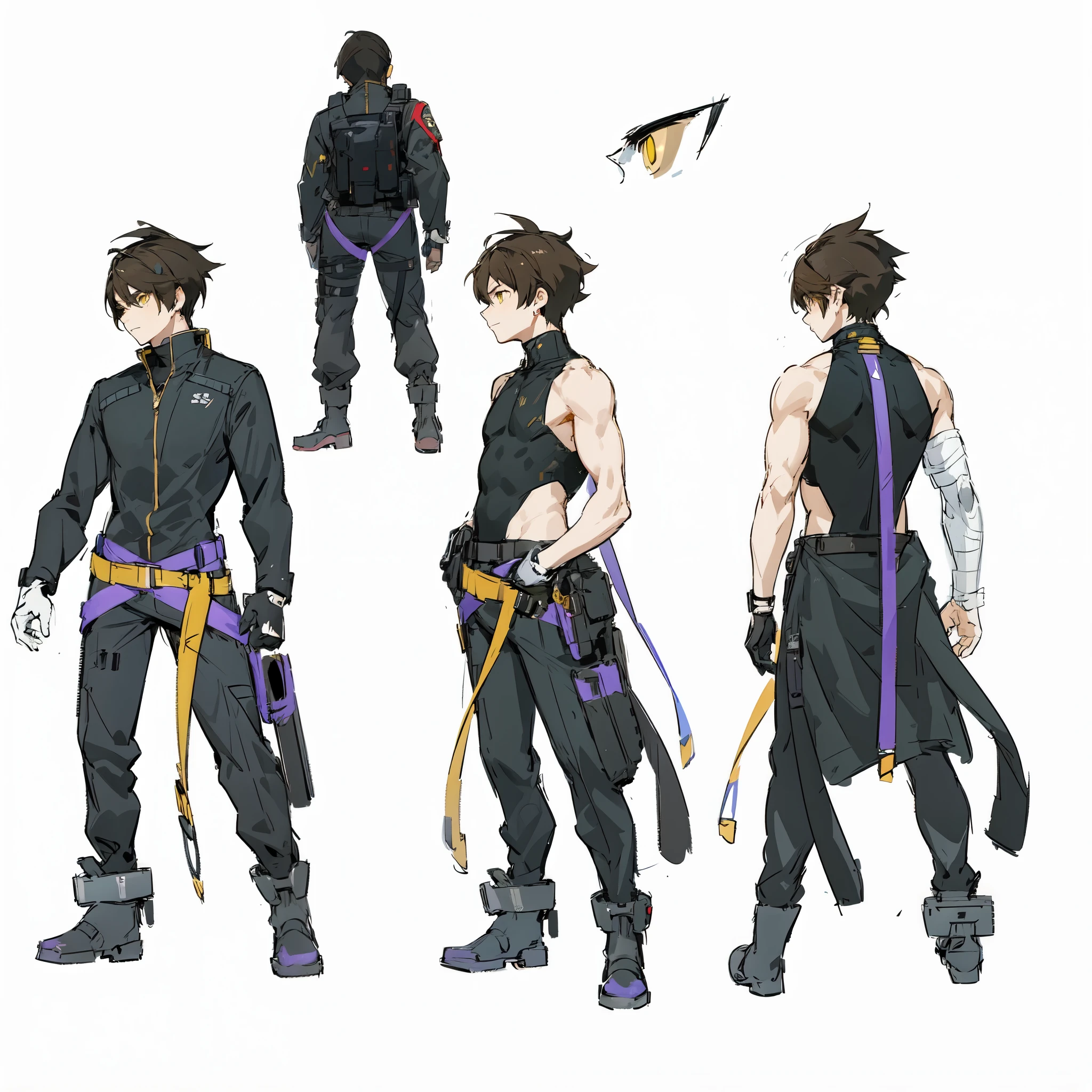 [ anime boy with brown hair and yellow eyes wearing a black jet pilot jumpsuit ], [ anime boy with brown hair and yellow eyes wearing a black jet pilot jumpsuit side view ], [ aanime boy with brown hair and yellow eyes wearing a black jet pilot jumpsuit back view ], blue belt, yellow belt, sci fi soldier uniform, cyberpunk helmet, (((anime character sheet))), ((golden eyes)), (character design, gravity rush inspired, kantai collection style, inspired by Akihiko Yoshida, gravity rush, from girls frontline, girls frontline style, fate grand order,  cyborg merchant girl, akihiko yoshida!, no more heroes concept art,