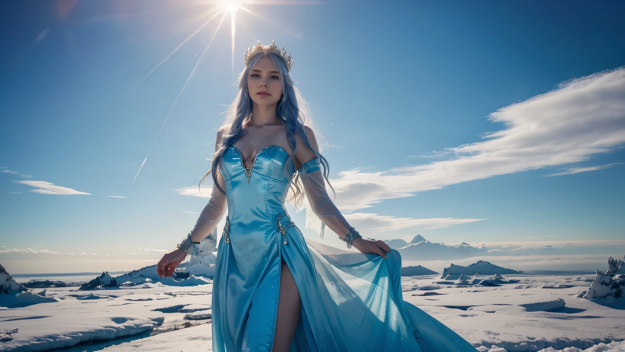 `an ice queen in a kingdom with the sun in the background, high definition, rich in details`