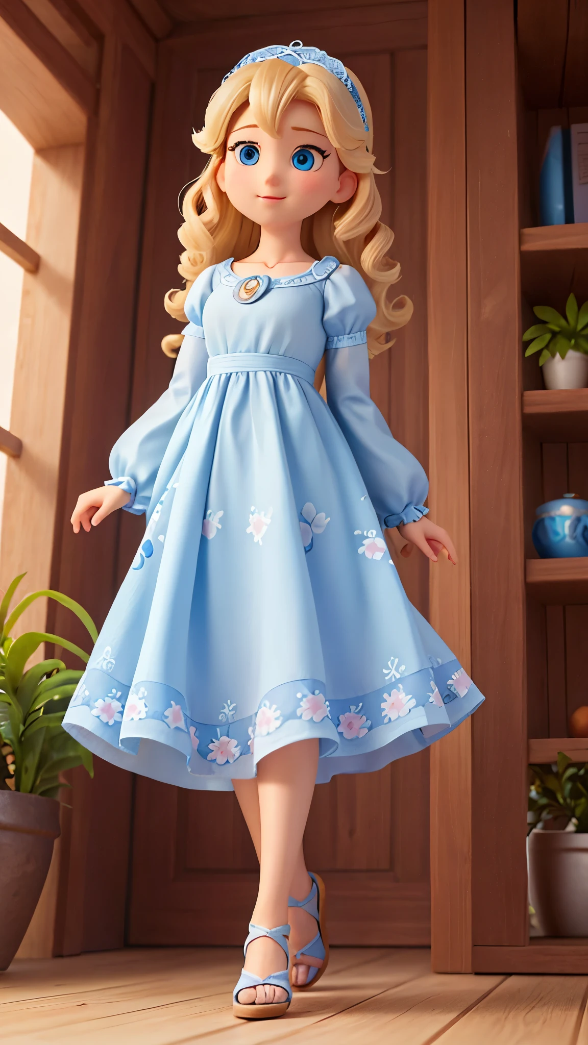 an alone happy and beautiful adult (25 years old) woman called Cinderella: big blue eyes, white skin, medium-length blond curly hair, small hands, small feet, adorable face, 5.6 feet height; she is wearing: a blue Floral Peasant Sleeve Dress; gray sandals; show head, show feet; high-quality photo, cartoon style hand drawing, full body, far from the camera, white background, on your knees picking up dirty clothes from the floor