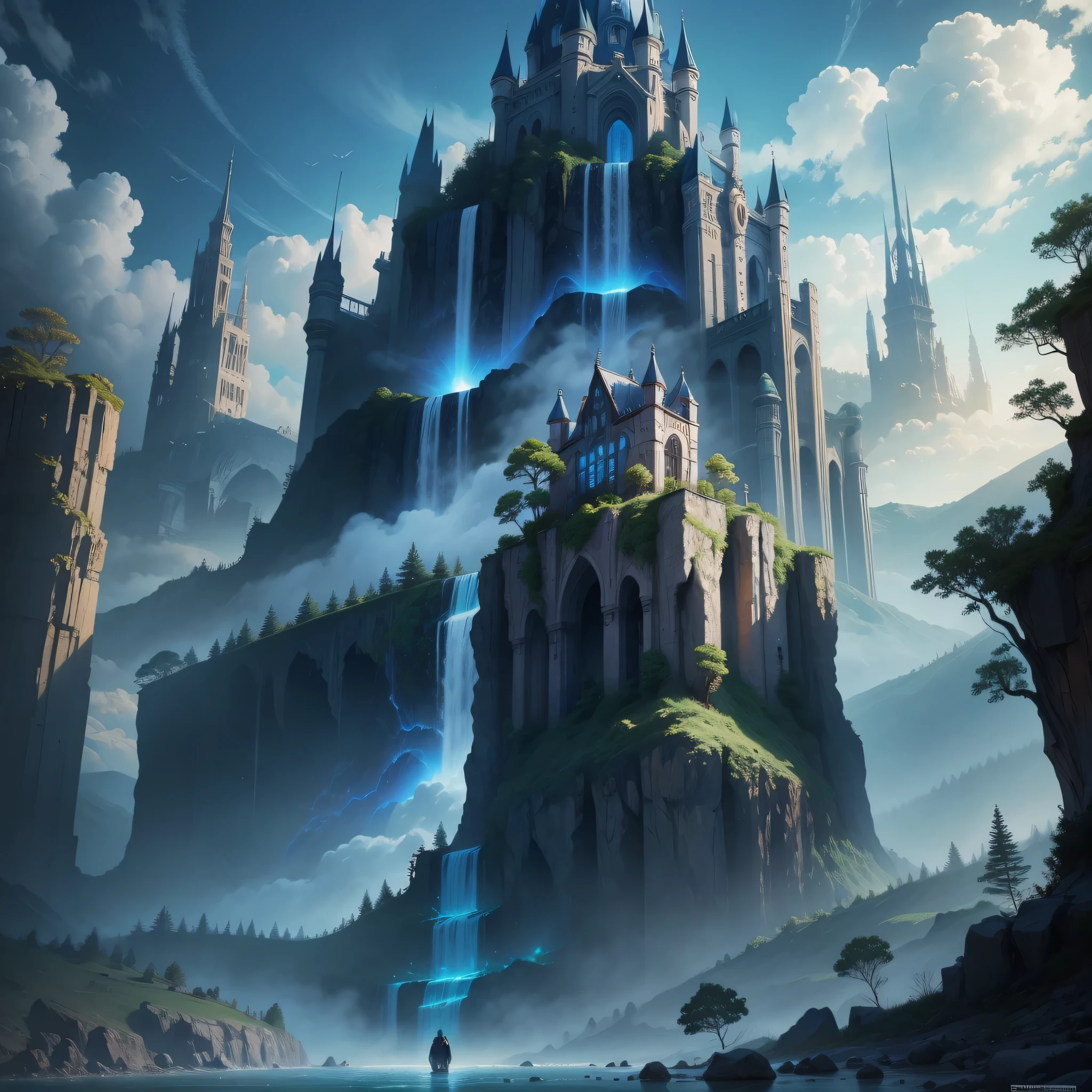 super huge castle huge waterfall cyberpunk fantasy blue sky beautiful world future world top quality Masterpiece ultra high resolution mystery