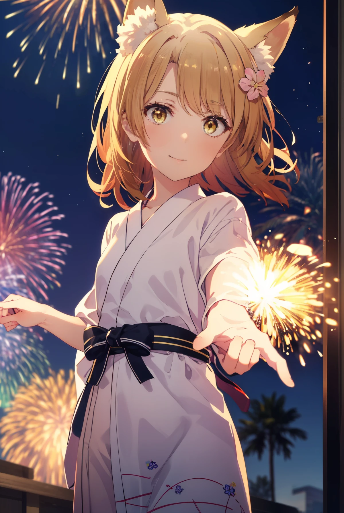 irohaisshiki, Isshiki Iroha, long hair, brown hair, (brown eyes:1.5), smile,animal ears,fox ears,fox tail,flower hair ornament,yellow floral pattern yukata,long skirt,Zori sandals,fireworks in the night sky,fireworks,The place is a fireworks display,Time is night,sunny day,So that the whole body goes into the illustration,
break outdoors, 神社
break looking at viewer,
break (masterpiece:1.2), highest quality, High resolution, unity 8k wallpaper, (figure:0.8), (beautiful and fine eyes:1.6), highly detailed face, perfect lighting, Very detailed CG, (perfect hands, perfect anatomy),