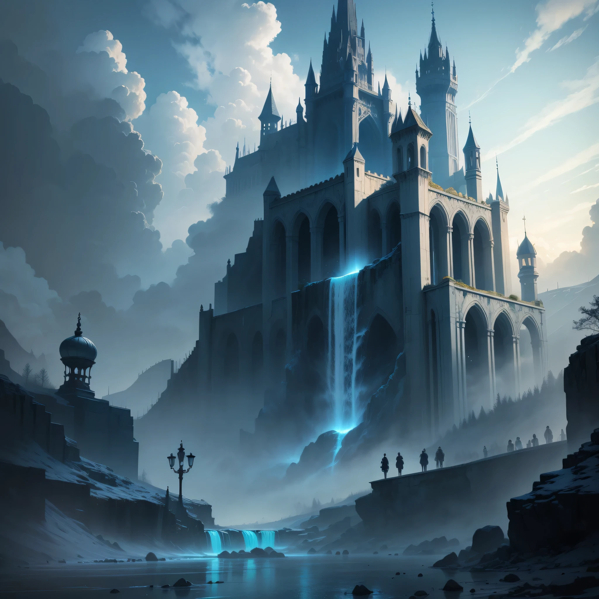 super huge castle huge waterfall cyberpunk fantasy blue sky beautiful world future world top quality Masterpiece ultra high resolution mystery