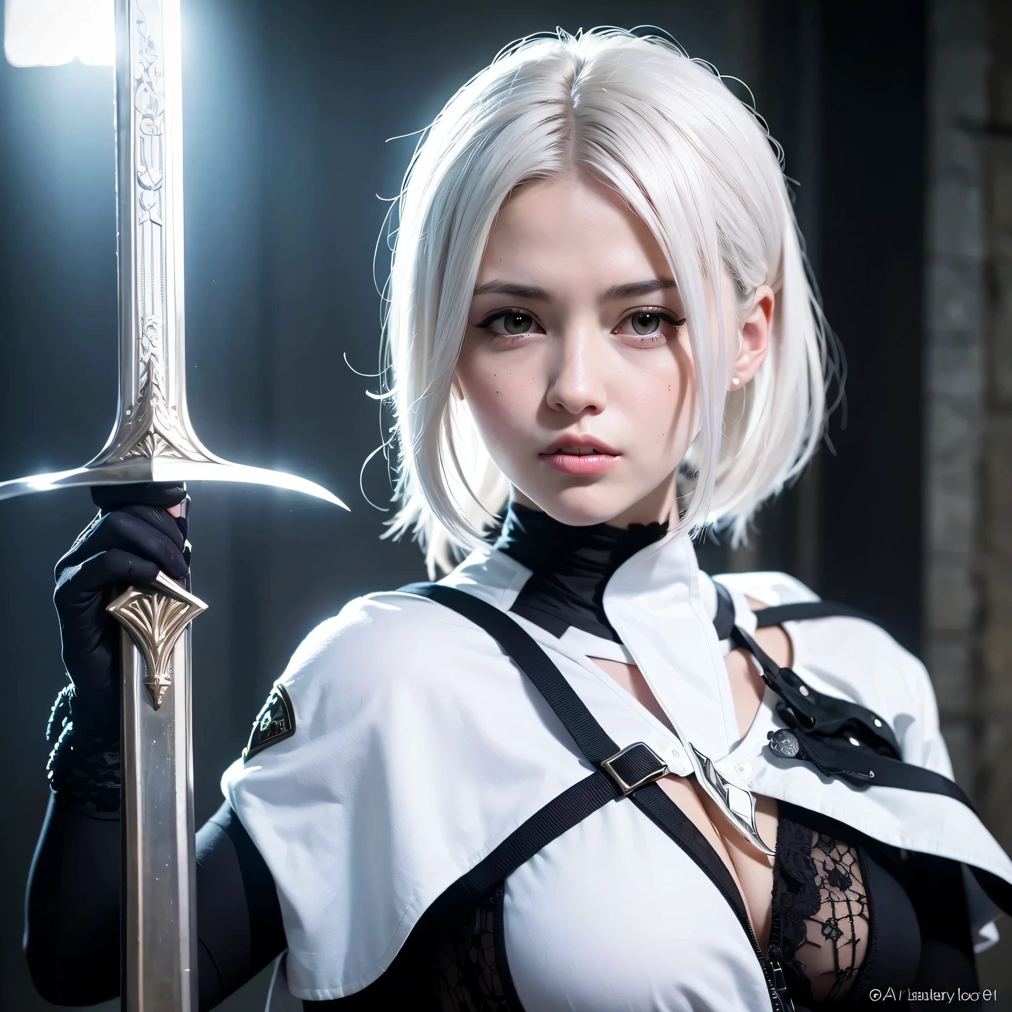 arafed woman in armor holding a sword and a sword, anime girl cosplay, tifa lockhart with white hair, beautiful female knight, of a beautiful female knight, anime cosplay, professional cosplay, fantasy character photo, portrait knight female, fanart best artstation, ig model | artgerm, cosplay photo, gorgeous female paladin, with short bobbed white hair, background is in barcelona (sagrada familia).