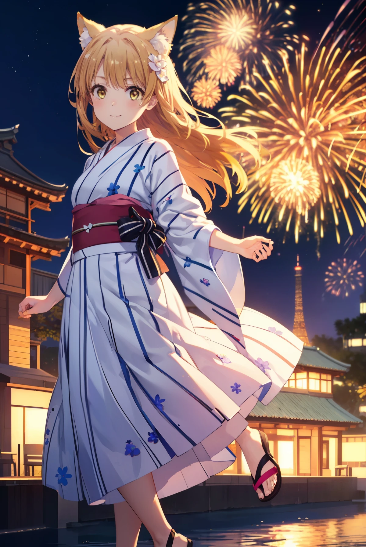 irohaisshiki, Isshiki Iroha, long hair, brown hair, (brown eyes:1.5), smile,animal ears,fox ears,fox tail,flower hair ornament,yellow floral pattern yukata,long skirt,Zori sandals,fireworks in the night sky,fireworks,The place is a fireworks display,Time is night,sunny day,So that the whole body goes into the illustration,
break outdoors, 神社
break looking at viewer,
break (masterpiece:1.2), highest quality, High resolution, unity 8k wallpaper, (figure:0.8), (beautiful and fine eyes:1.6), highly detailed face, perfect lighting, Very detailed CG, (perfect hands, perfect anatomy),