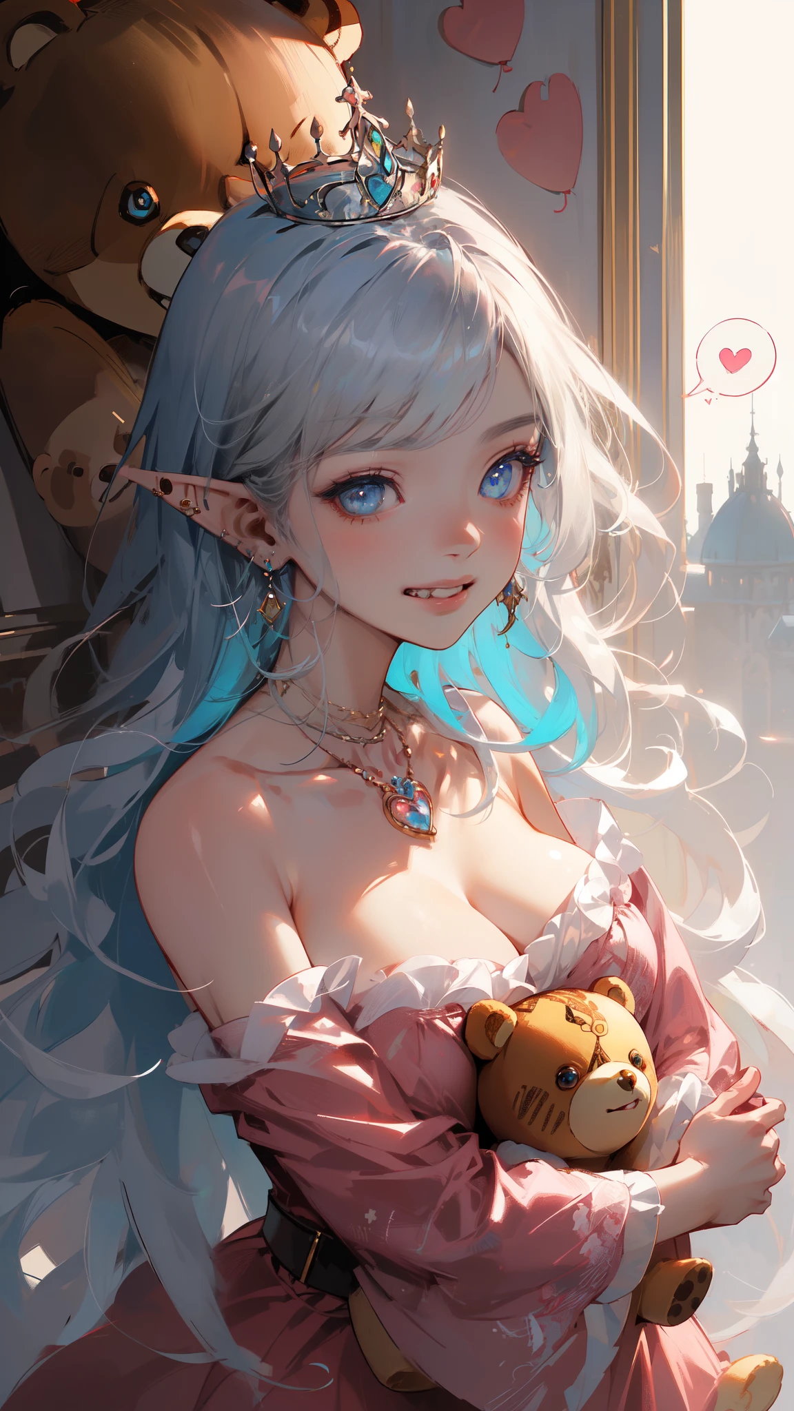 ((masterpiece)), (top quality), (best quality), ((ultra-detailed, 8k quality)), Cinematic lighting, Volumetric lighting, (detailed line art), absurdres, (best composition), (high-resolution), Aesthetics, (detailed beautiful face and eyes), (detailed illustration), (super fine illustration), (vibrant color),
BREAK ,
(Hugging a big stuffed bear, Rilakkuma:1.3),
BREAK ,
(very beautiful and attractive ((elf)) queen), 1elf girl, solo, (blue eyes, multicolored hair, tsurime:1.4), (messy, white shining hair, blue eyes, shining eyes, Plump lips, medium breast), swept bangs, (big eyes, wide eyes:1.3), long eyelashes, long pink fingernails, shiny skin, skinny, slender body,
BREAK
(happy grin:1.3), silver earrings, ear piercing, necklaces, (crown:1.1), (Ruffled Pink Dress, Off-the-shoulder:1.2),
BREAK,
((pink theme, medieval architect, queen room, Indoor:1.3)), ((Valentine's Day, pile of gift boxes, heart balloons, anime girl posters all over the walls:1.3)), (❤ ❤ ❤ ❤ ❤, spoken heart:1.6), (magnificent palace view), (royal atmosphere), (artistic presentation),(majestic aura:1.15), (bokeh), Fantasy, by Yoji Shinkawa