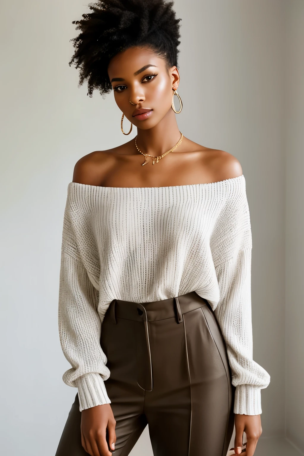 A sultry woman with dark, flawless skin and expertly done makeup gazes into the camera. Her eyes are accentuated with mascara, while her lips are either subdued or adorned with subtle, captivating colors. The background is a simple black, creating a minimalist and monotone aesthetic. The focus is on the clean and sharp designs of her outfit, which features flowing silhouettes, tight skirts and pants, and high-waisted options. She exudes elegance and luxury through the use of sophisticated materials and designs. The accessories are kept simple and minimal, with slim necklaces and rings in silver or gold, along with sleek bangles. The overall style is characterized by distinctive designs, simple silhouettes, and a refined sense of minimalism