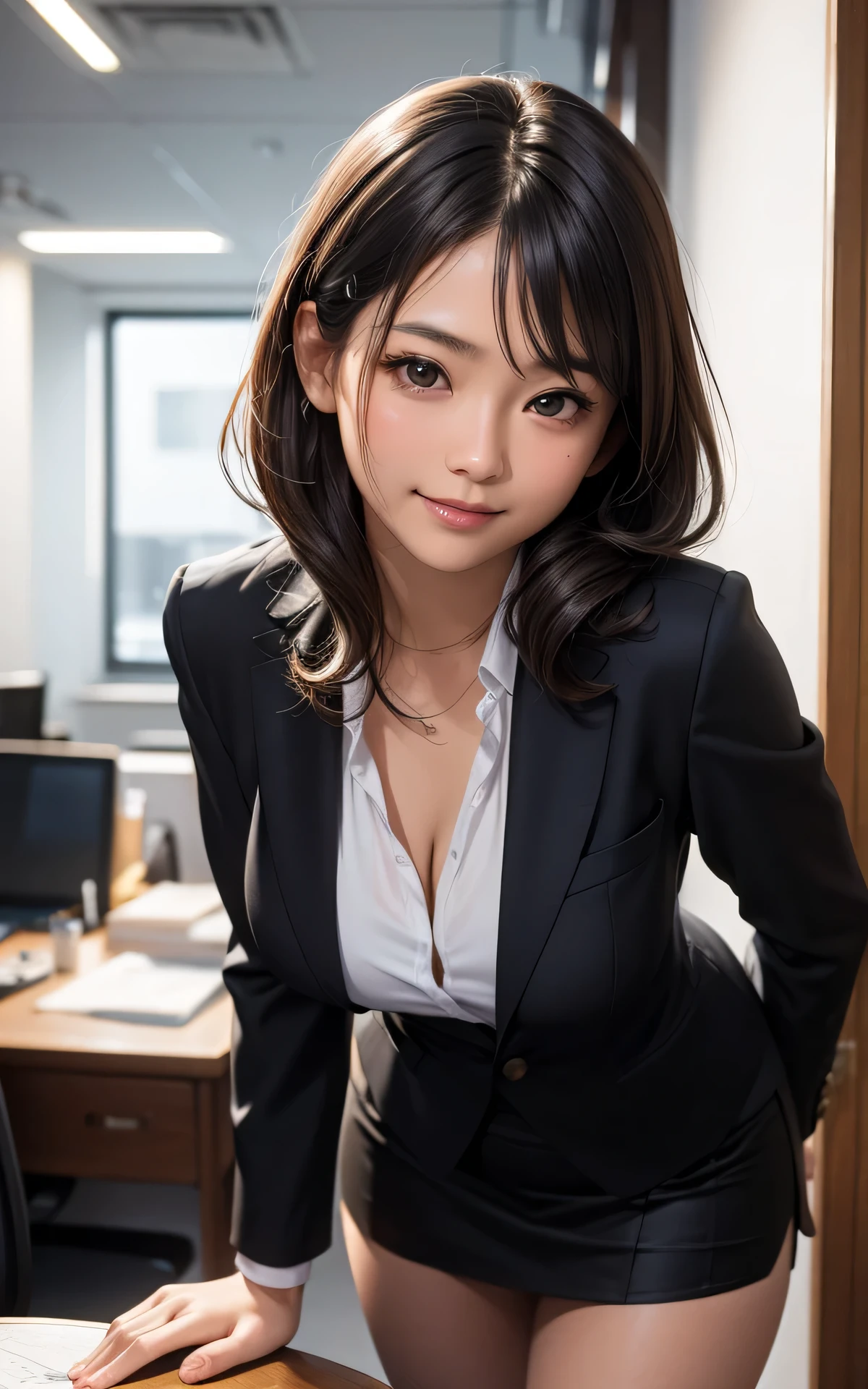 absurderes:2.0、(Blushing、bent over:1.6、cowboy shot:1.6, smile, blunt bang)、japanese actress、cowboy shot、solo, 25 year old woman、realistic, Unity 8K Wallpaper, Masterpiece, Realistic face, Realistic skin feeling ,detailed hair, highly detailed, realistic glistening skin, light makeup, ((black suit skirt:1.3、suit jacket:1.3, curvy, black eyes、))、(In the modern office:1.2)、