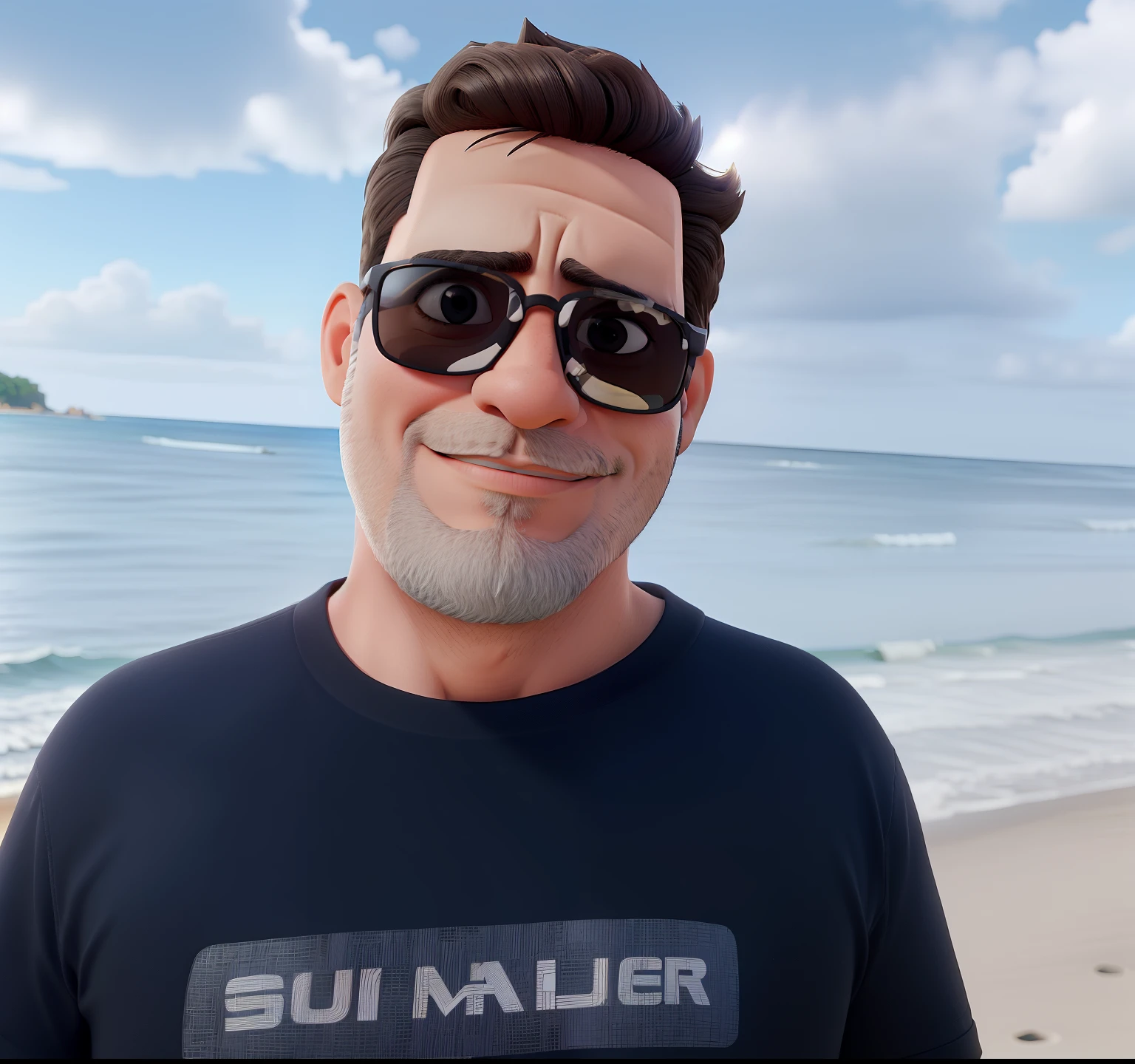 homem 45 anos, rosto quadrado, marca no queixo, usando blusa preta, sunglasses, tendo como plano de fundo uma praia, maximum quality