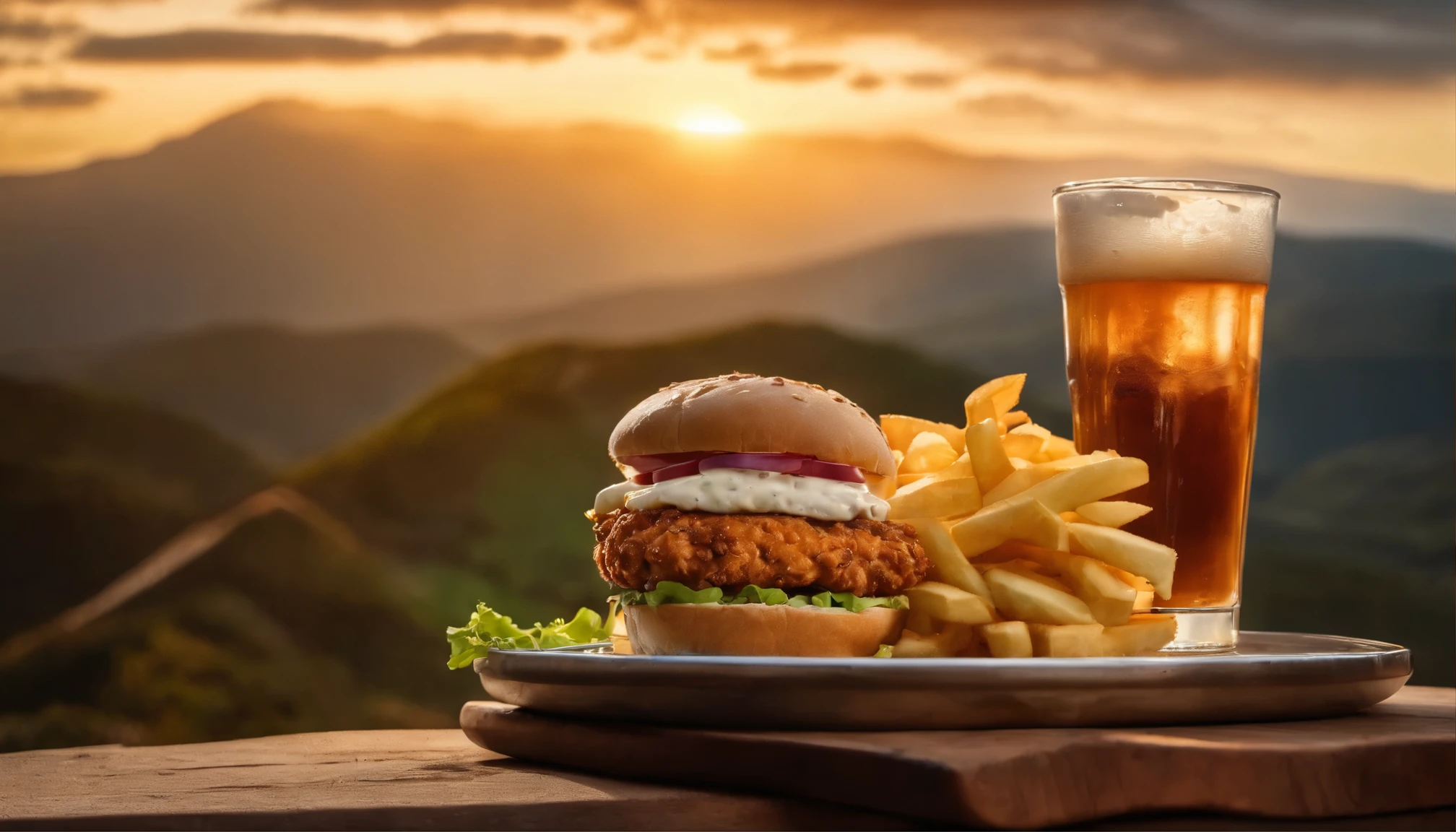 a fried chicken sandwich at the 3 amigos restaurant, chicken sandwichs with lettuce and tomato melted cheese.french fries on the side, ice tea in a tall glass, sunrise, a mountain in background. 8k