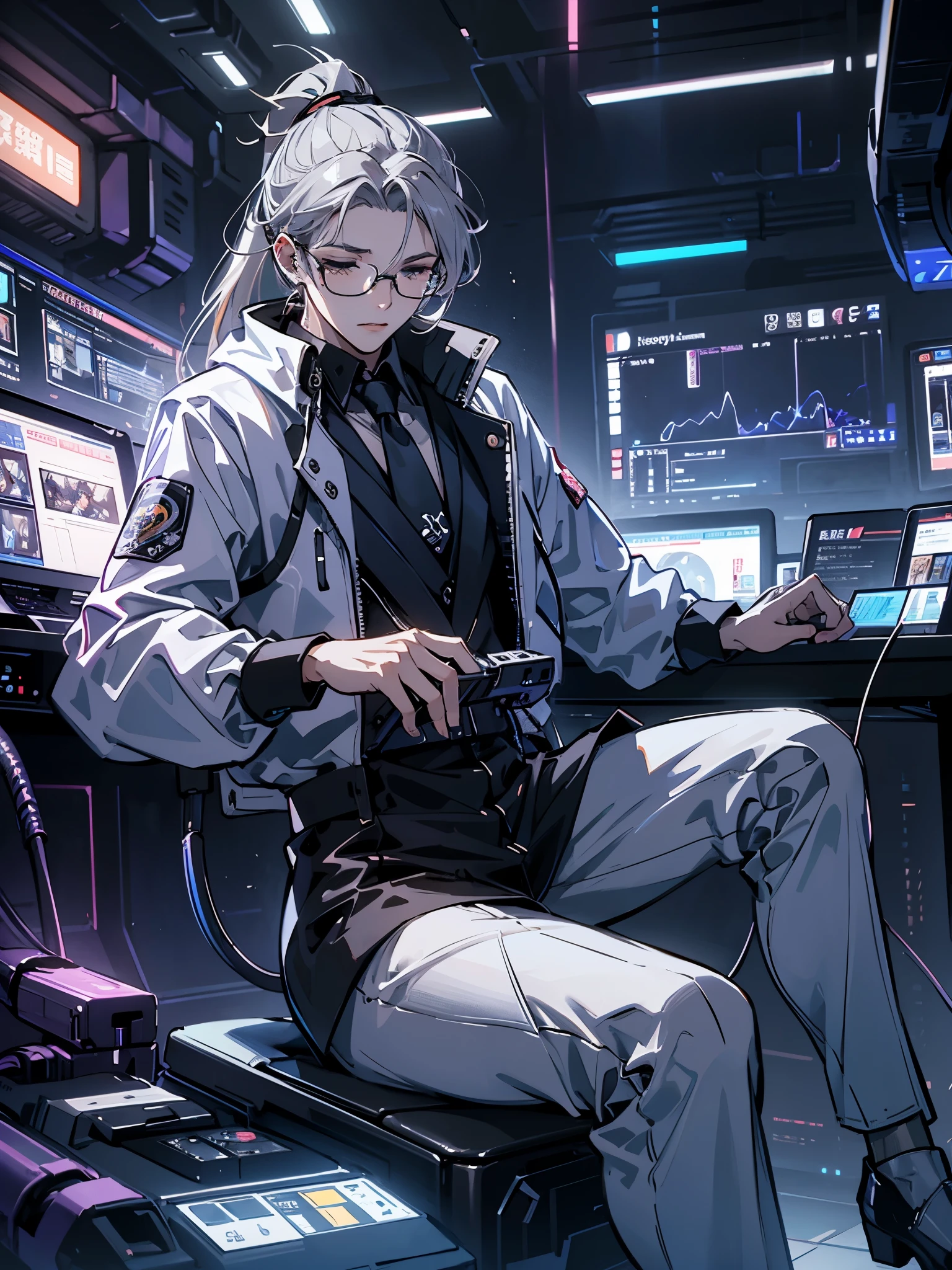 (muste piece)(High definition)20s male android、gray hair、ponytail、hat、Tuxedo、tie、wears round rimless glasses、sitting with both eyes closed、Connected to the machine with multiple cables(charging)、The butt is the connecting part、background(An electronic world that feels like science fiction、A space that feels like inside a machine、Virtual space、near future、Dark)