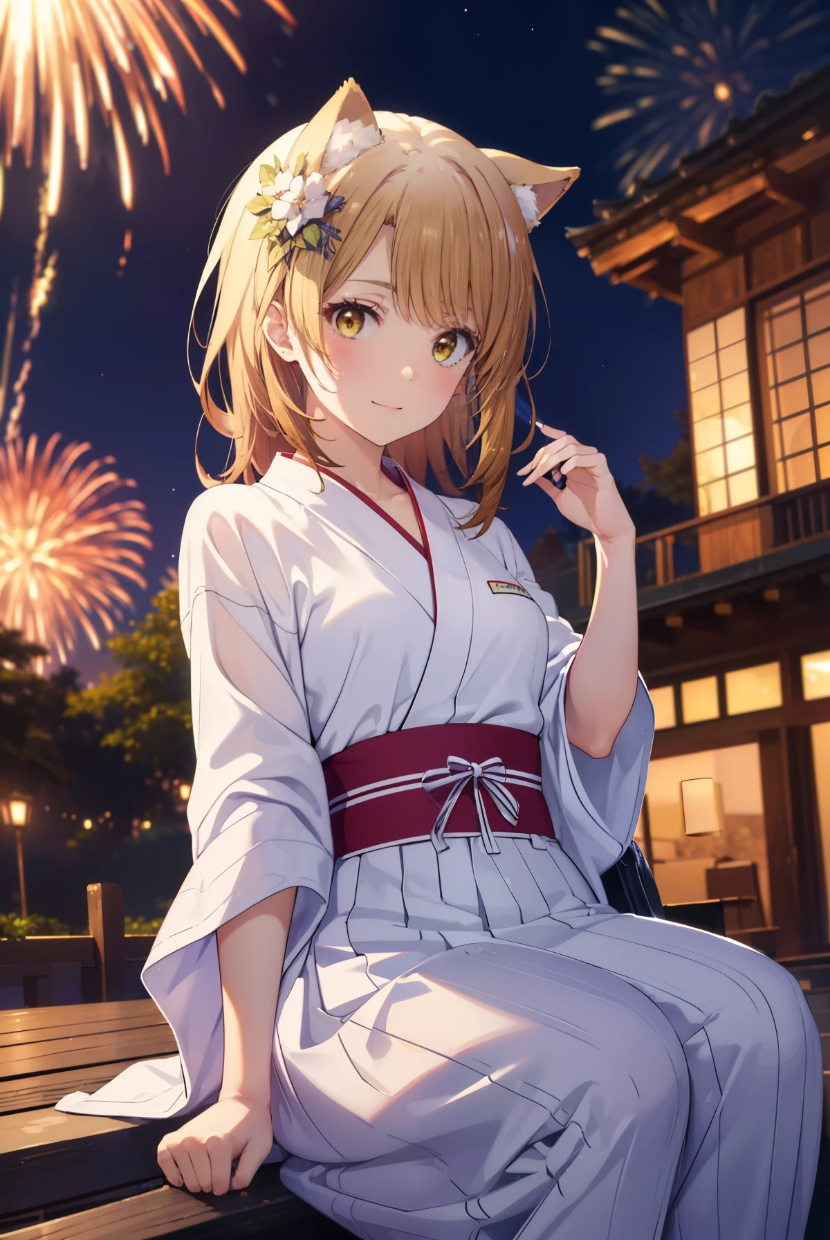 irohaisshiki, Isshiki Iroha, long hair, brown hair, (brown eyes:1.5), smile,animal ears,fox ears,fox tail,flower hair ornament,yellow floral pattern yukata,long skirt,Zori sandals,fireworks in the night sky,fireworks,The place is a fireworks display,Time is night,sunny day,So that the whole body goes into the illustration,
break outdoors, 神社
break looking at viewer,
break (masterpiece:1.2), highest quality, High resolution, unity 8k wallpaper, (figure:0.8), (beautiful and fine eyes:1.6), highly detailed face, perfect lighting, Very detailed CG, (perfect hands, perfect anatomy),