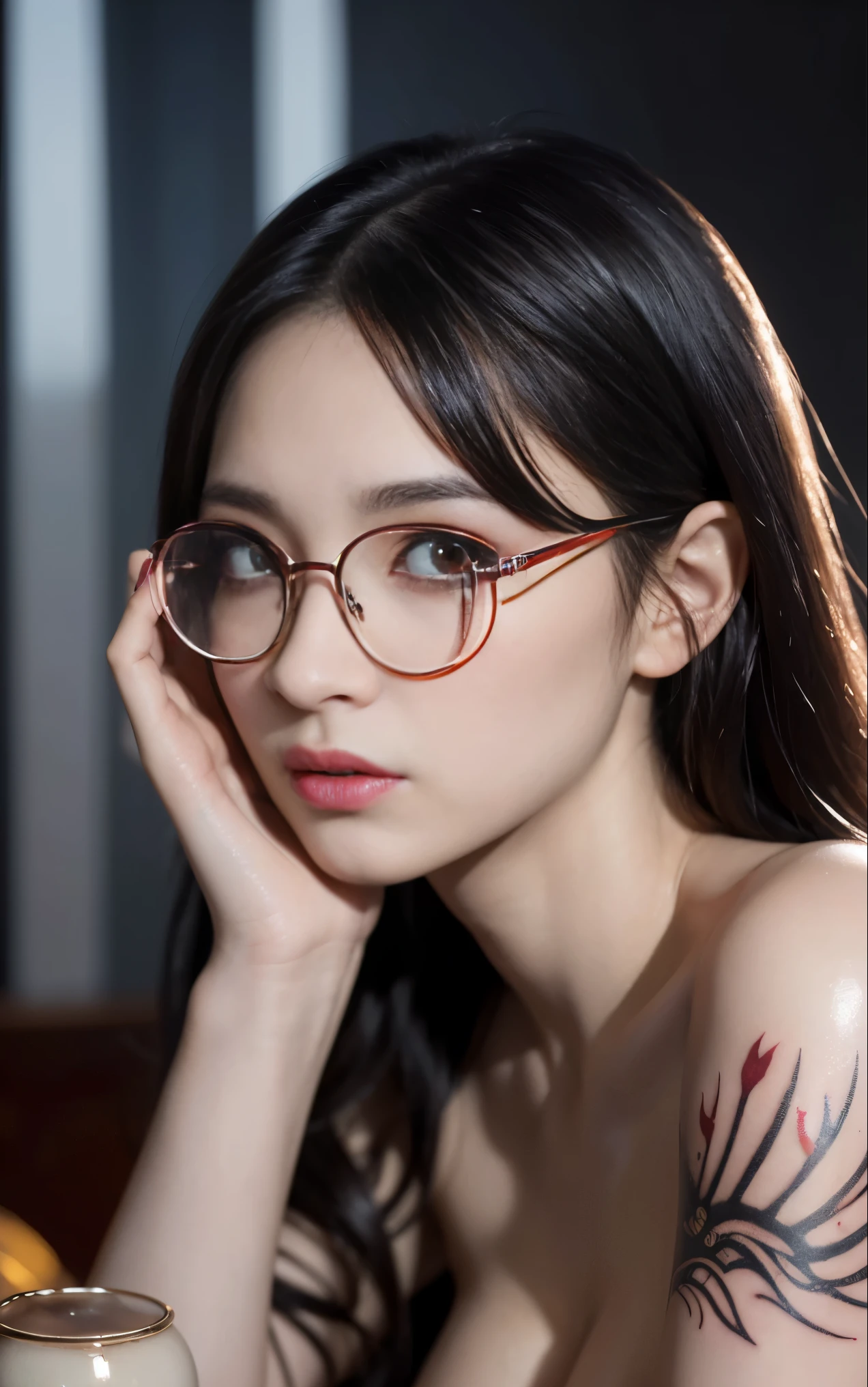 got itですかですか、(best illustrations)、8k UHD resolution、intricate details、highest quality、realistic、Super detailed、best lighting、best shadows、soft lighting、Ultra HD、超realistic、Tyndall effect、Photoreal、(high detail skin:1.2)、 (intricate details, compensate, face to face with the children_v1:0.5), (got it, beautiful and delicate face, got itですか, beautiful and delicate eyes, perfectly proportioned face, high resolution skins, fine skin, Optimal ratio of 4 fingers and 1 thumb, arm under chest, red tattoo on lower abdomen、wow wow, wide hips, smooth abdomen, thin and thin skin, __fashion__, __hair__:1.25)、Digital single-lens reflex camera、 absurd、(table top: 1.3), (maximum resolution: 1.2), (Ultra HDTV: 1.2), cinematic light, fine eyes and skin, detailed facial features, , (sharp focus: 1.2), (focus on face:1.2),perfect style, beautiful face, acura, anatomically correct, Highly detailed face and skin texture, fine eyes, double eyelid, thin eyebrows, glitter eyeliner: 1 natural cheeks, Glossy skin, Fair skin: 1.2, (glossy lips: 1.4),(embarrassed look: 1.2),Highly detailed face and skin texture, fine eyes, double eyelid, natural cheeks, glossy lips: 1.4,exposed cleavage、Bewitching。charm、 Beautiful devil woman from hell, Surreal female portraits by David Hockney and Alphonse Mucha, charm女性の肖像画、fantasy art, chinese doll、chinese actress、dungeon、dragon、devil'palace of、devil'torture chamber、night、dark style 、in the dark、(detailed spooky background:0.8), magic、 1 girl、evil nun、dark necromancer、Succubus、devil'Daughter of、Shinonome Umi、bat wings,(((devil'Horn)))、 ((((giant glasses, otaku glasses, thick glasses, round glasses)))),(((big breasts)))、(devil'tail)、(red eyesは光り輝いて:1.6)、red eyesは非常に鮮明で詳細です, your eyes are made up so beautifully, ((red eyes:1.0)),intricate tattoo, demonic intricate tattoo, tattoo on thigh, body tattoo, masterpiece、最もbeautiful face、baby face、cute smile、beautiful plump red lips、筋肉のcharm体、devilのcharm体、devil style、charmブラックマジックコスチューム、The long-haired、Braid、Black hair、Ponytail distortion、, Ponytail with a bow tied at the back of the hair, beautiful expression、body up、big breasts強調、bust, super tight chest, Breast augmentation surgery, The chest is very large and round,tight waist、wide ass、 secret key, cowboy lens, (Black Phoenix Dress: 1.0), devil crown, red sparkling gemstone necklace、Jewelry G Wise, Please wear black mesh socks,Wearing light red、nffsw, nffsw, meet beautiful girls, looking at girl'body of,