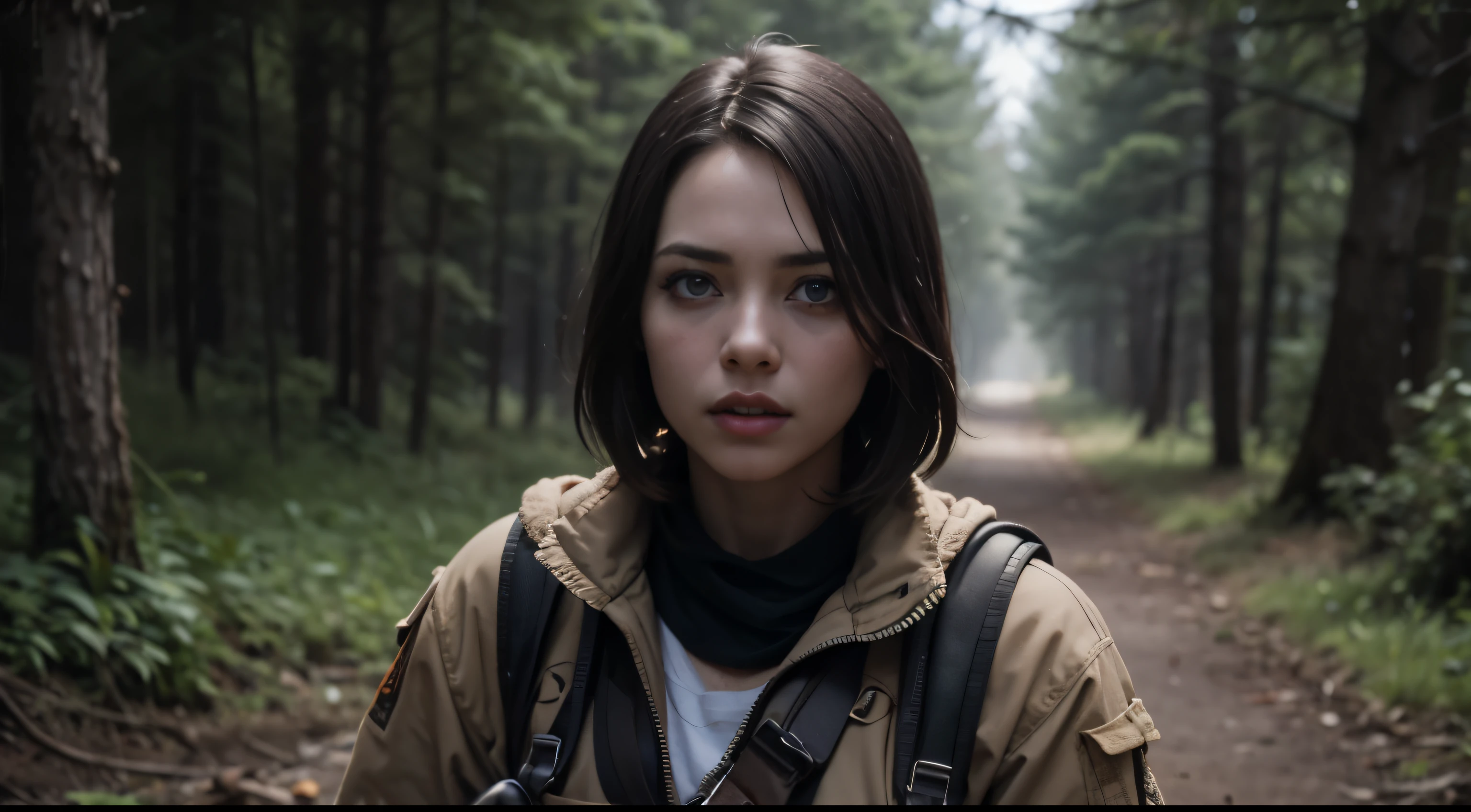 1 Frau 25 Jahre, langes braunes Haar zusammengebunden, blaue Augen, with green cargo backpack, braunes Sweatshirt, mit dem Gewehr in der Hand, Forest destroyed, Blutung , Gasmaske, Hyperrealistische Kinobeleuchtung, super detaillierte Hautstruktur , Survival, destruction, 8 TAUSEND, Ultra HD | | | | |, (Post-Apok, Post-Apok_Charakter)