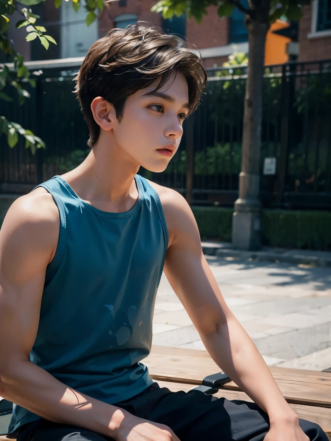 boy sitting on a bench, Tank top, potrait, young boy, age boy,  boy, by Abidin Dino, close up potrait, profile shot, realism artstyle, cute boy, realism art, panting, ismail, male teen, reyyan, portrait picture, profile pic, protrait