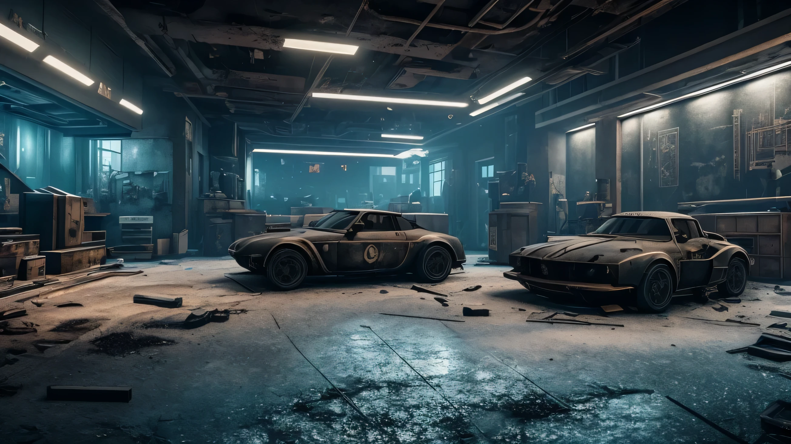 there is a room with a heist blueprint board and a few tech, photorealistic dark concept art, frontal view, unrealistic engine concept art, dark abandoned cyberpunk factory, [[empty warehouse]] background, detailed textures and lighting, frontal view, with heist blueprint board