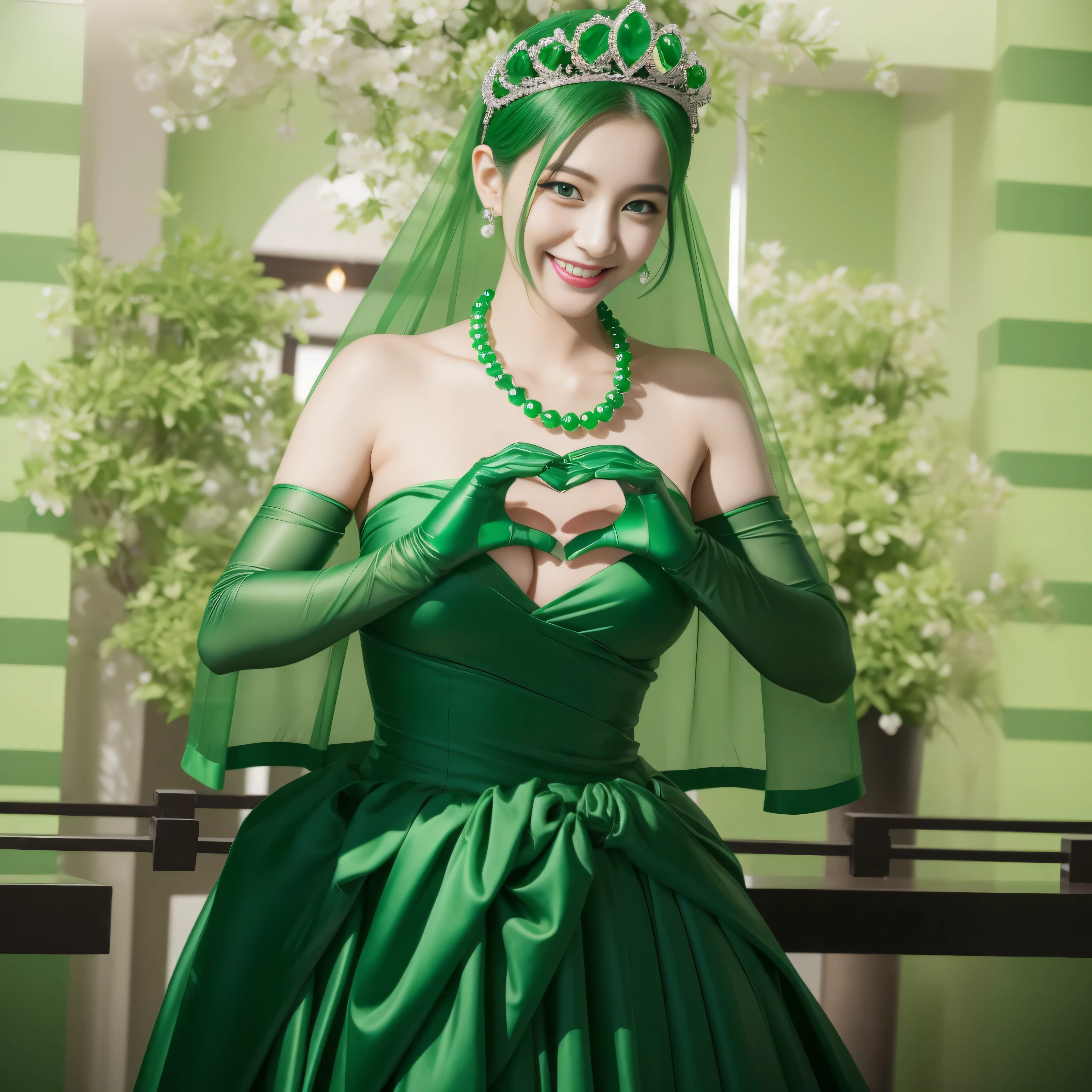 emerald tiara, green pearl necklace, ボーイッシュな非常に短いgreen hair, lipstick, smiling Japanese woman, very short hair,  Beauty with large breasts, green eyes, Long Green Satin Gloves, green eyes, emerald earrings, green veil, heart with both hands, green hair, beautiful japanese woman, heart shaped hands:1.3, green lip gloss