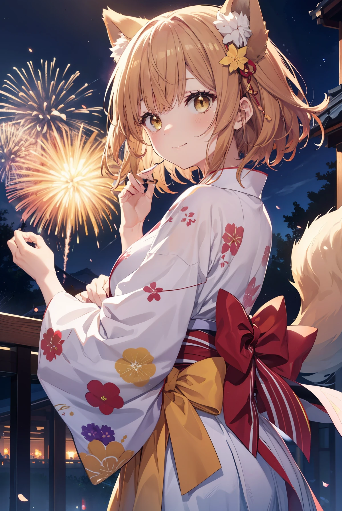 irohaisshiki, Isshiki Iroha, long hair, brown hair, (brown eyes:1.5), smile,animal ears,fox ears,fox tail,flower hair ornament,yellow floral pattern yukata,long skirt,Zori sandals,fireworks in the night sky,fireworks,The place is a fireworks display,Time is night,sunny day,So that the whole body goes into the illustration,
break outdoors, 神社
break looking at viewer,
break (masterpiece:1.2), highest quality, High resolution, unity 8k wallpaper, (figure:0.8), (beautiful and fine eyes:1.6), highly detailed face, perfect lighting, Very detailed CG, (perfect hands, perfect anatomy),