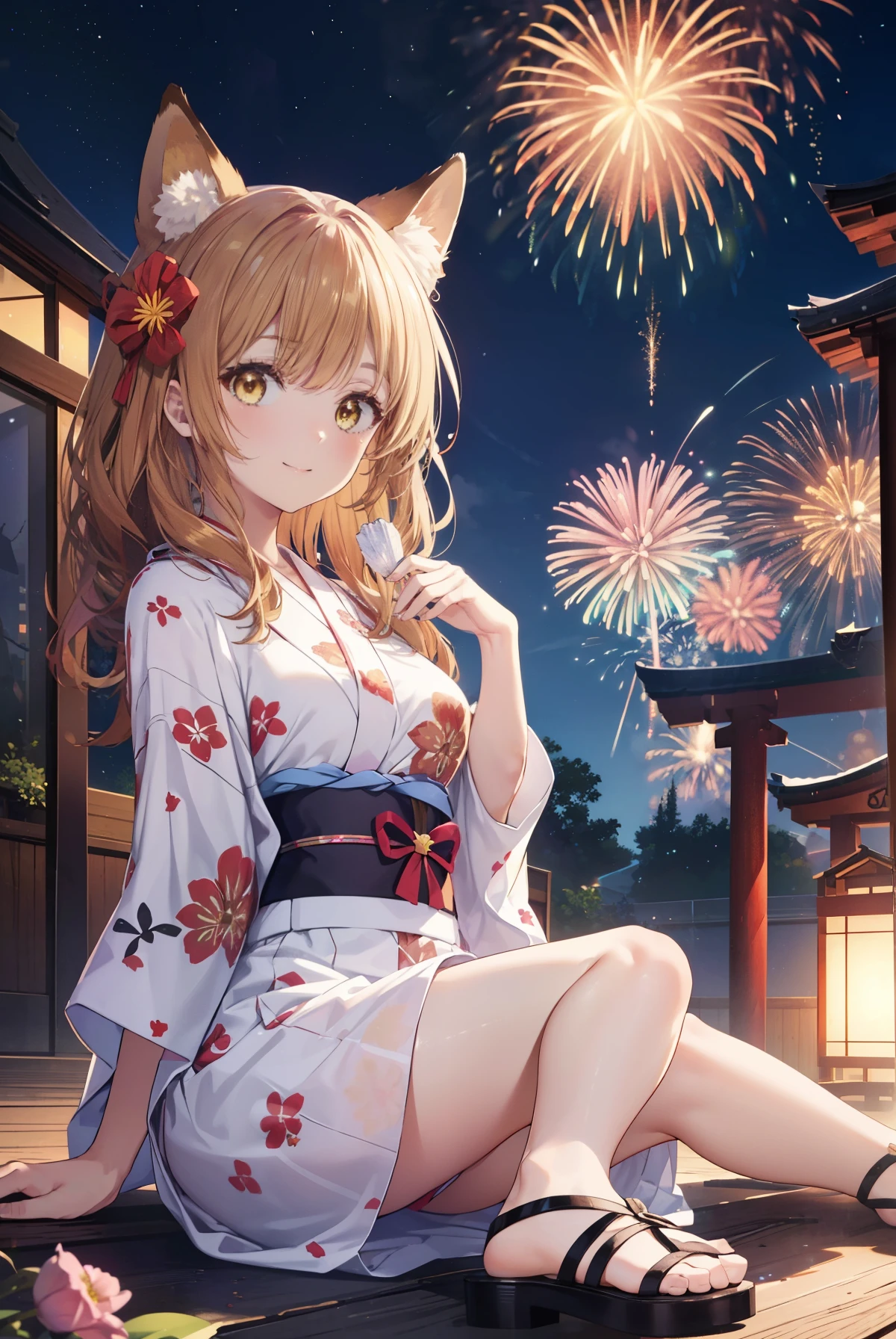 irohaisshiki, Isshiki Iroha, long hair, brown hair, (brown eyes:1.5), smile,animal ears,fox ears,fox tail,flower hair ornament,yellow floral pattern yukata,long skirt,Zori sandals,fireworks in the night sky,fireworks,The place is a fireworks display,Time is night,sunny day,So that the whole body goes into the illustration,
break outdoors, 神社
break looking at viewer,
break (masterpiece:1.2), highest quality, High resolution, unity 8k wallpaper, (figure:0.8), (beautiful and fine eyes:1.6), highly detailed face, perfect lighting, Very detailed CG, (perfect hands, perfect anatomy),