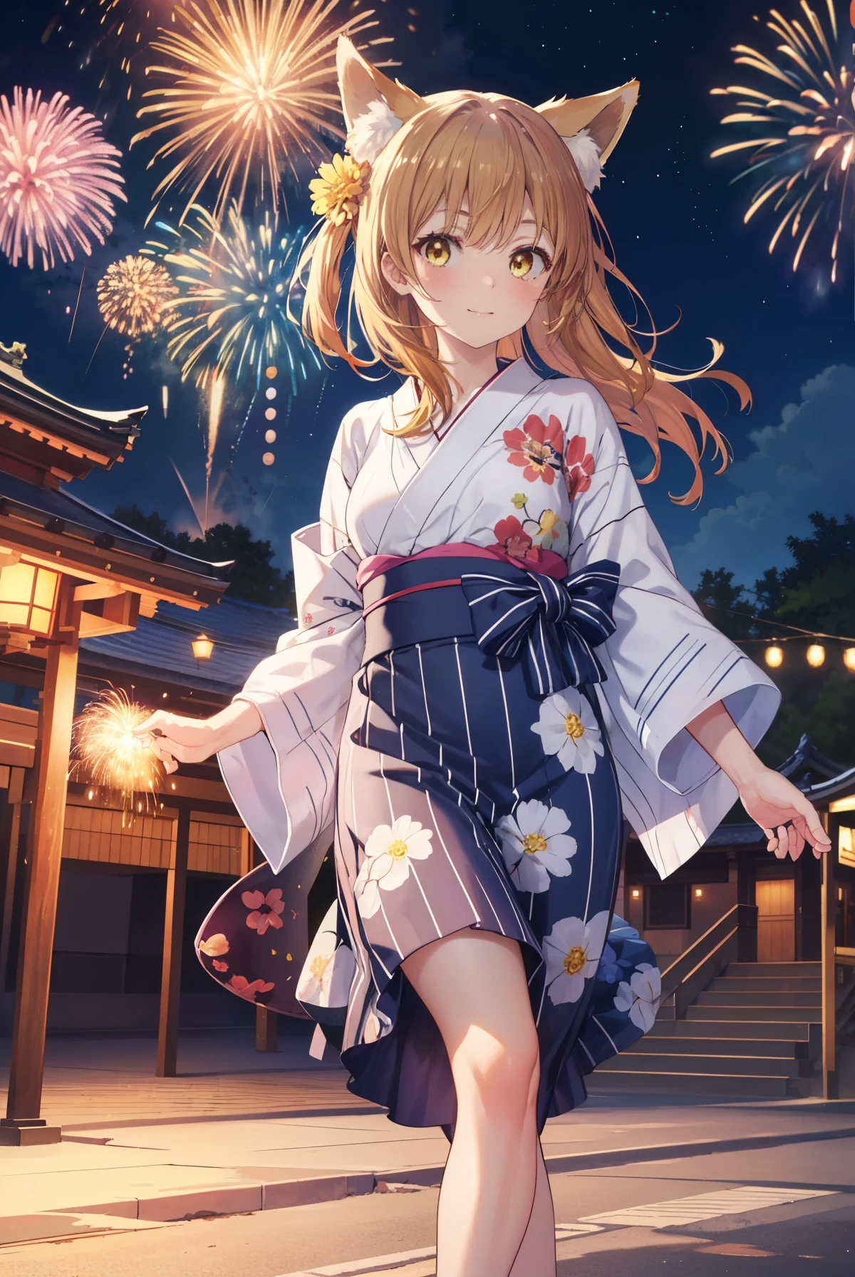 irohaisshiki, Isshiki Iroha, long hair, brown hair, (brown eyes:1.5), smile,animal ears,fox ears,fox tail,flower hair ornament,yellow floral pattern yukata,long skirt,Zori sandals,fireworks in the night sky,fireworks,The place is a fireworks display,Time is night,sunny day,So that the whole body goes into the illustration,
break outdoors, 神社
break looking at viewer,
break (masterpiece:1.2), highest quality, High resolution, unity 8k wallpaper, (figure:0.8), (beautiful and fine eyes:1.6), highly detailed face, perfect lighting, Very detailed CG, (perfect hands, perfect anatomy),