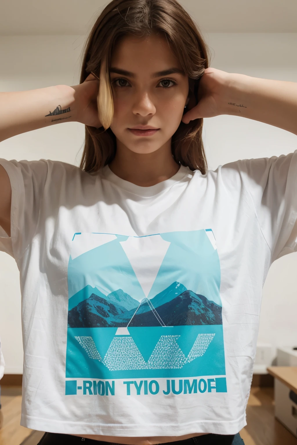 someone is holding a t-shirt with a letter l, a screen print by Ludovit Fulla, regatear, letrismo, detalle oculto falso, high angle close up shot, low quality printing, Primer plano ultra detallado, Primer plano adicional, tiro muy cercano, 4k screen printing t-shirt design, Graphic detail