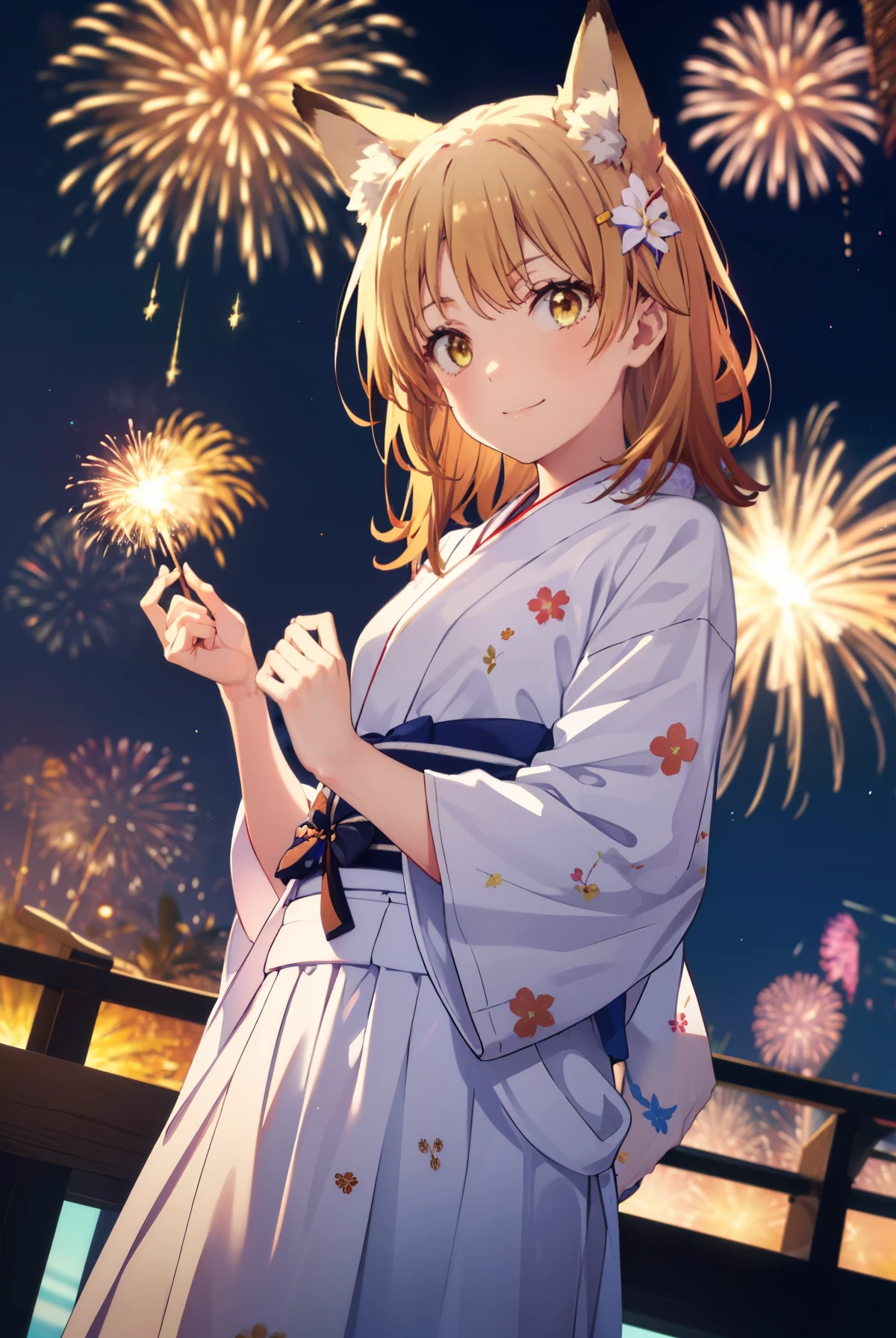 irohaisshiki, Isshiki Iroha, long hair, brown hair, (brown eyes:1.5), smile,animal ears,fox ears,fox tail,flower hair ornament,yellow floral pattern yukata,long skirt,Zori sandals,fireworks in the night sky,fireworks,The place is a fireworks display,Time is night,sunny day,So that the whole body goes into the illustration,
break outdoors, 神社
break looking at viewer,
break (masterpiece:1.2), highest quality, High resolution, unity 8k wallpaper, (figure:0.8), (beautiful and fine eyes:1.6), highly detailed face, perfect lighting, Very detailed CG, (perfect hands, perfect anatomy),